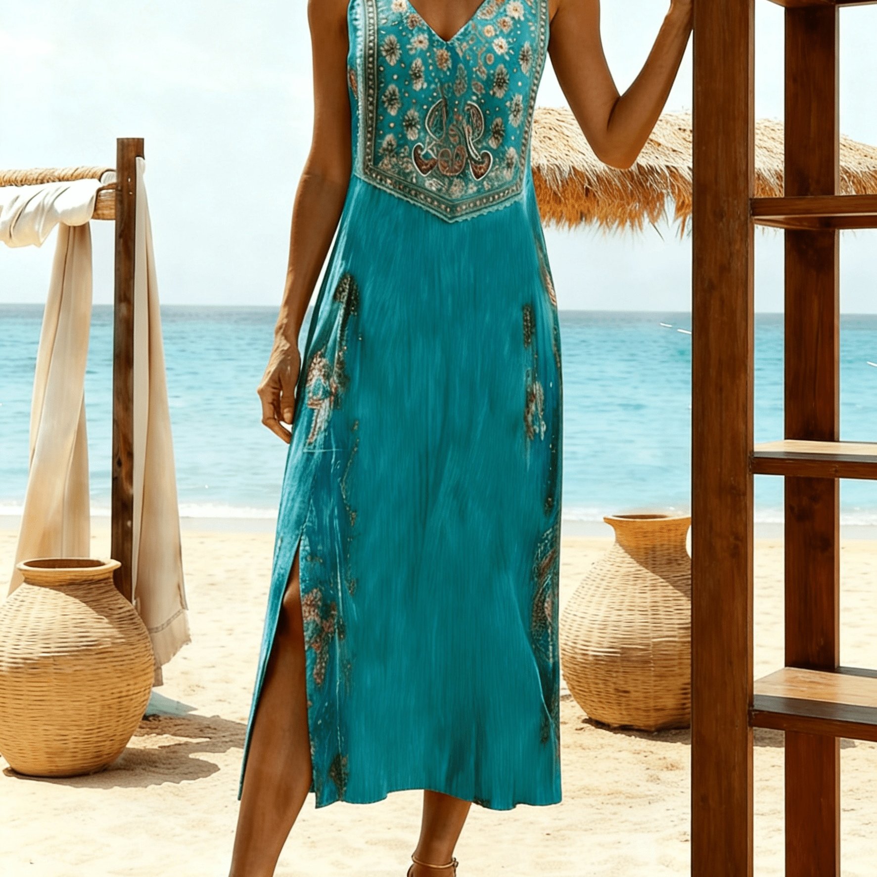 E-shop Sommerliches ärmelloses Damen-Kleid mit V-Ausschnitt, gerader Linie, Schlitzsaum & Western-Print – Weiches, dehnbares, maschinenwaschbares