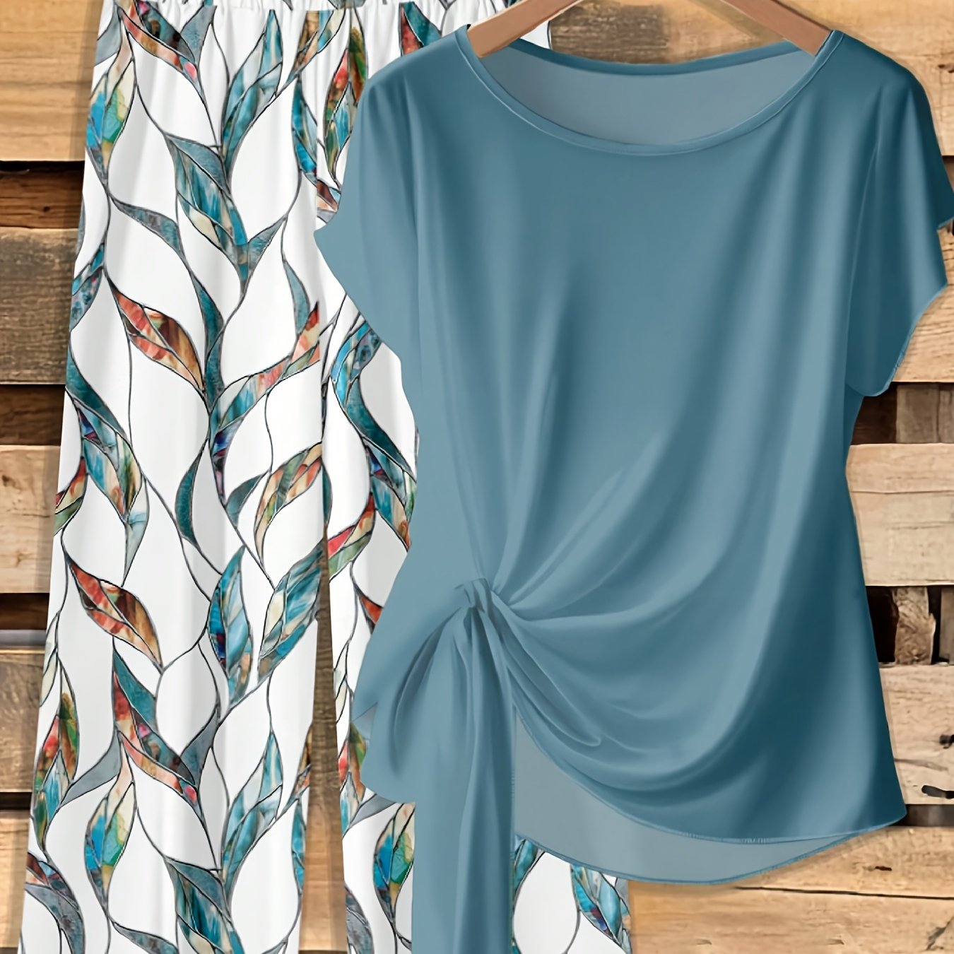 Plus Size, 2pcs Women's Casual Shirt And Loose Straight-leg Geometric Print Pants Set, Suitable For Spring And Summer Wear