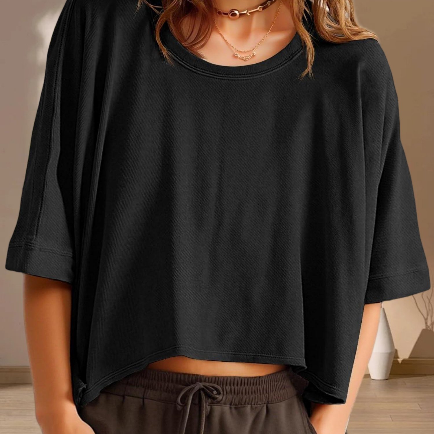 Women's Chic Cropped Oversized Tee - Summer Short Sleeve Casual Loose