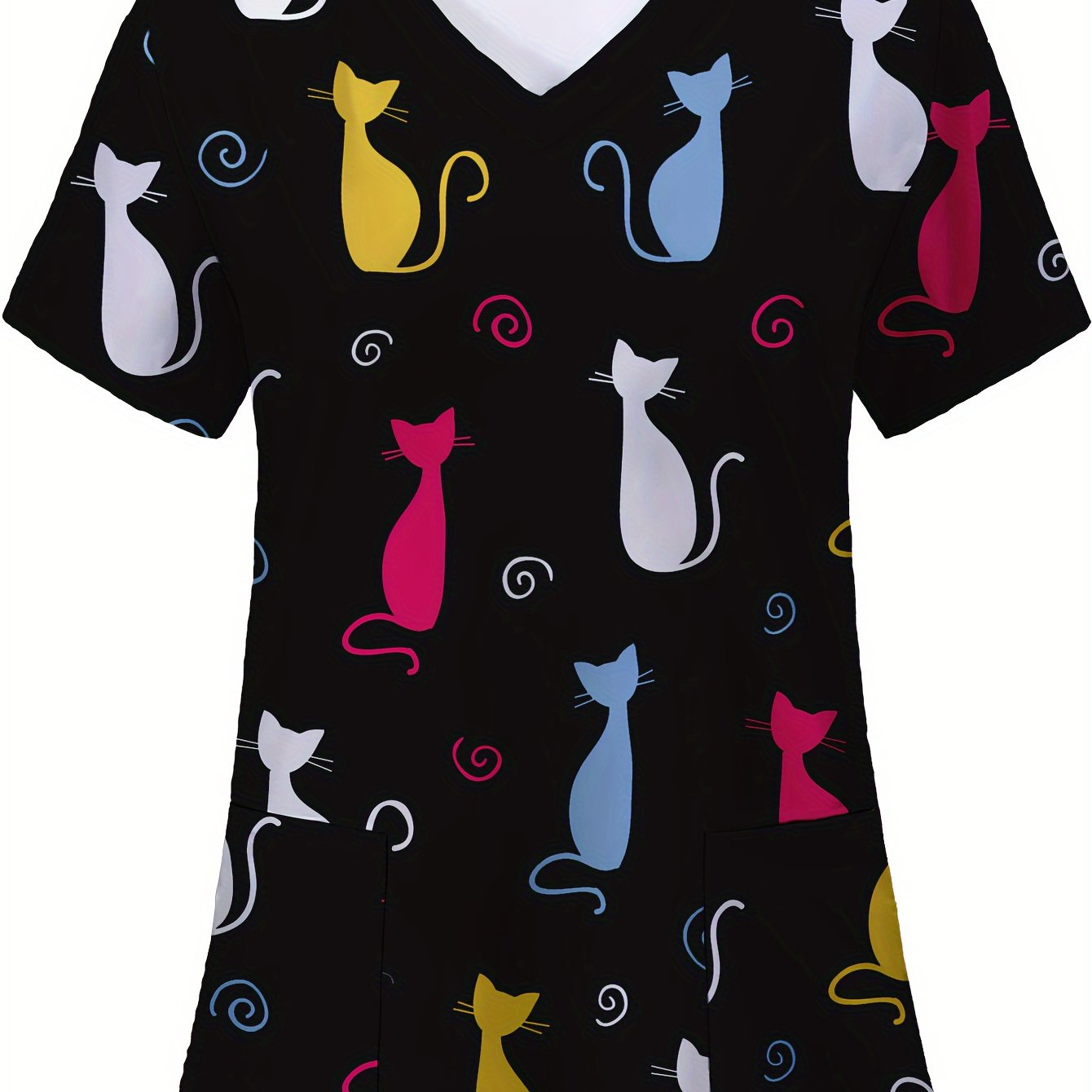 TEMU Plus Size, Women's Plus Size Cartoon Cat Print T-shirt, Casual Fashion Black V-neck Short Sleeve, Cute Simple Nurse Top