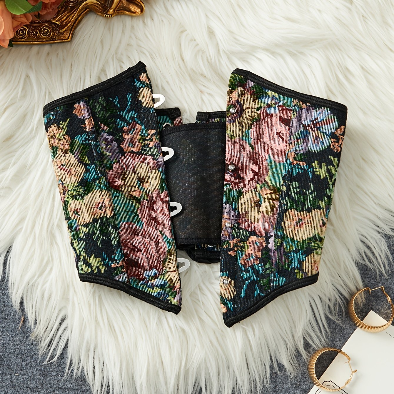 TEMU Oktoberfest Gothic Vintage Jacquard Waist Cincher, Black With Oil Painting Floral Pattern, Women's Wedding Dress Outer Waist-cinching Gown