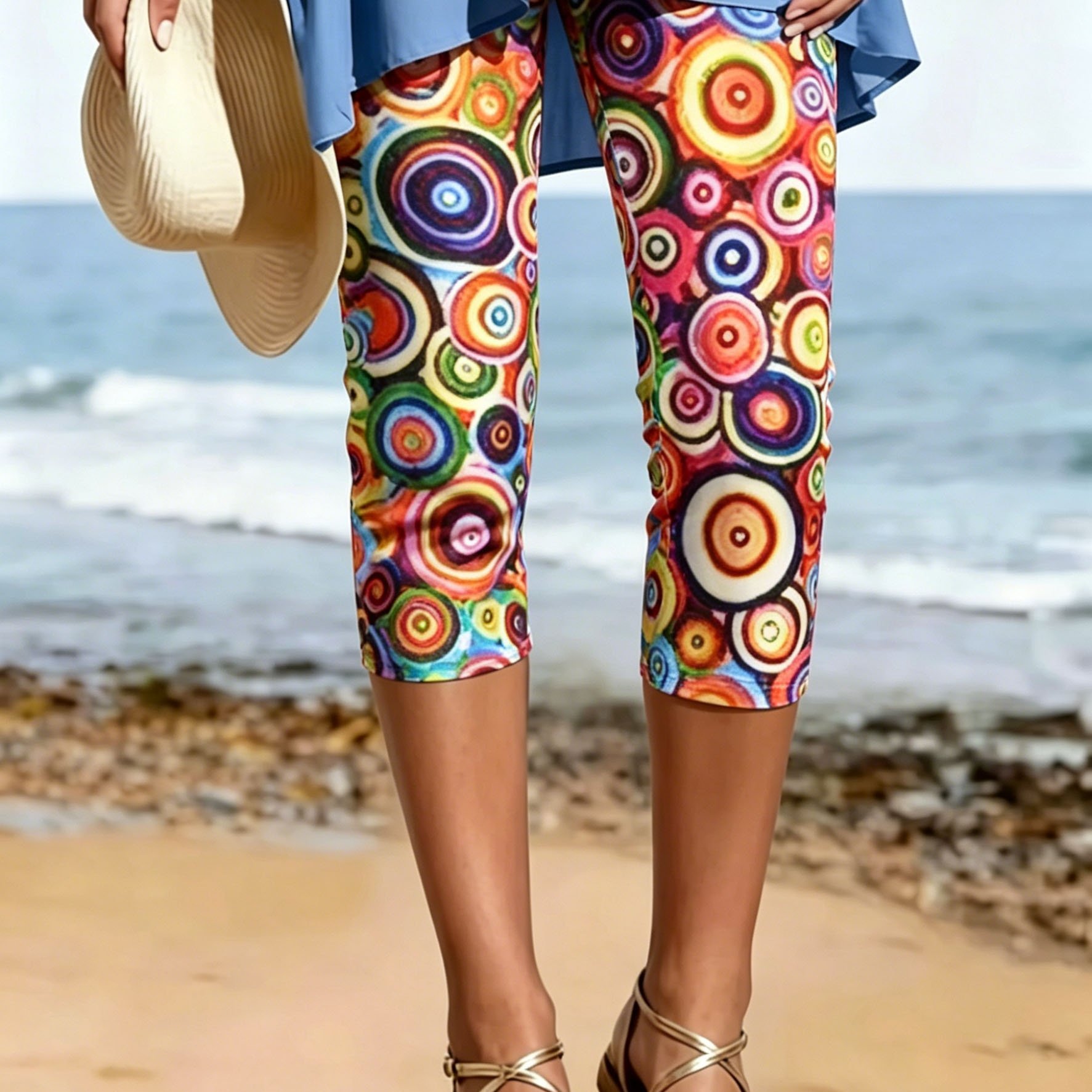 TEMU Plus Size - Women's Plus Size Colorful Swirl Ring Pattern Printed 3/4 Length Leggings, Breathable Stretch Tight Pants, Artistic Bottoms