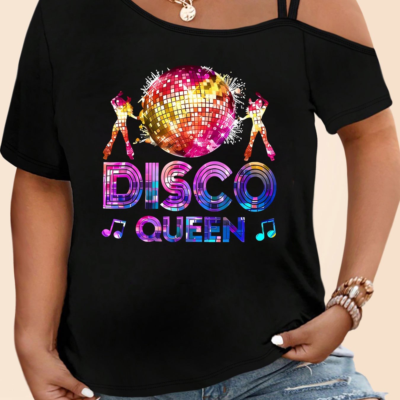 TEMU Plus Size - Plus Size - Plus Size Women's Halloween Costume Disco Ball And Dancing Figure Pattern Discoqueen Text Women's Fashionable Elegant