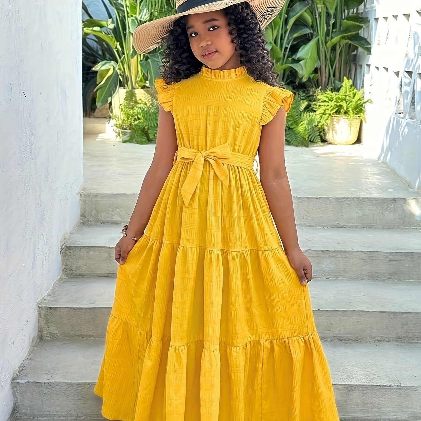 Elegant Teen Girl Long Dress With Stand Collar And Flared Sleeves, Belted Casual Vacation Outdoor Dress