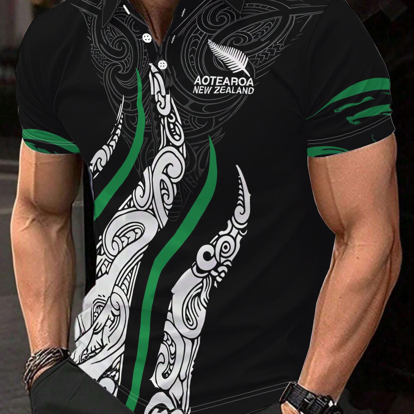 TEMU Men's Casual Shirt With New Zealand Themed Artwork, With Green And White Maori Patterns, Featuring Silvery Fern Logo Print - Spring New Arrival,