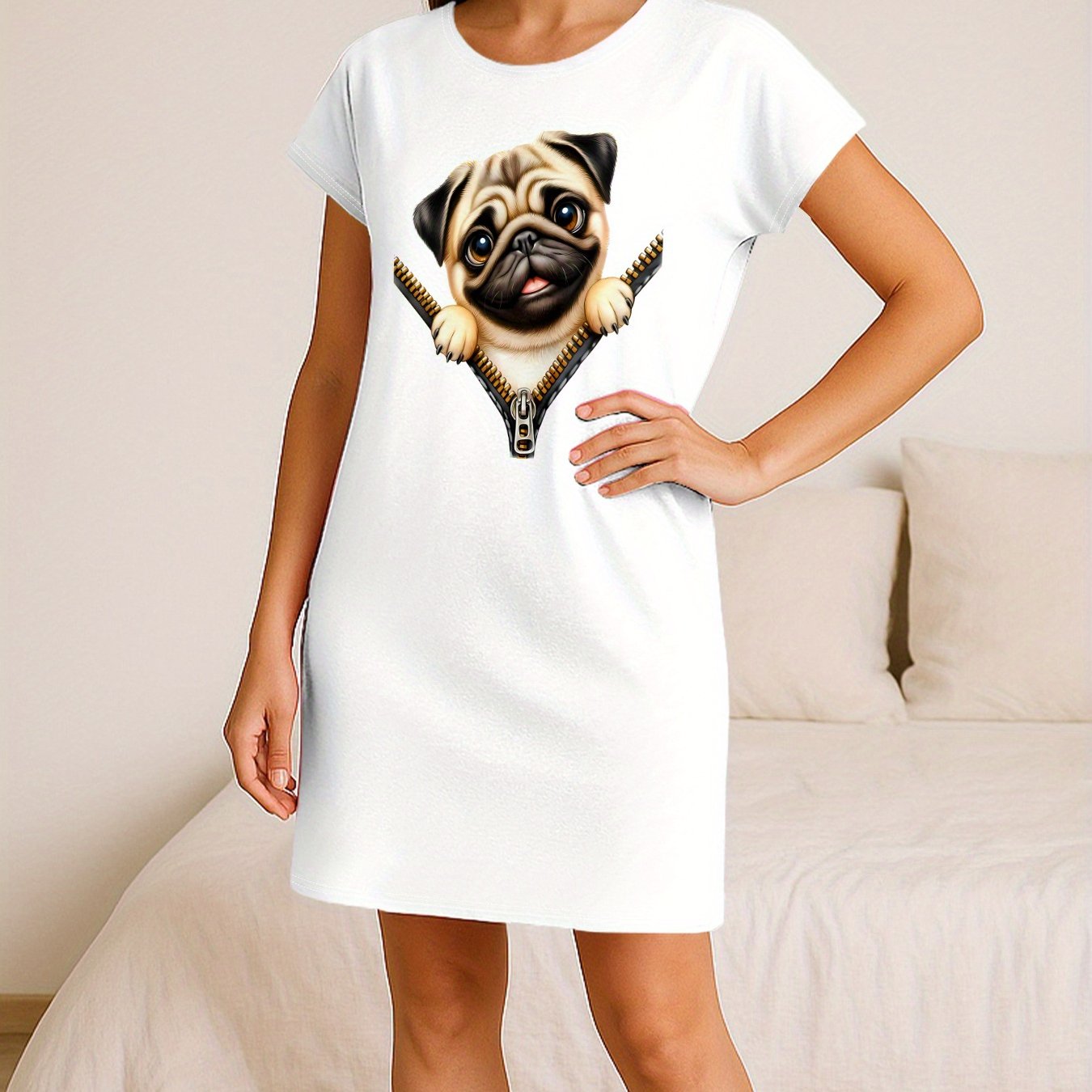 TEMU 1pca Cute Pug Through A Zipper On White Backgroundwomen's Pajamas, Easy To Put On And , Breathable, Leisure, Daily Wear, , Women's Sleepwear And