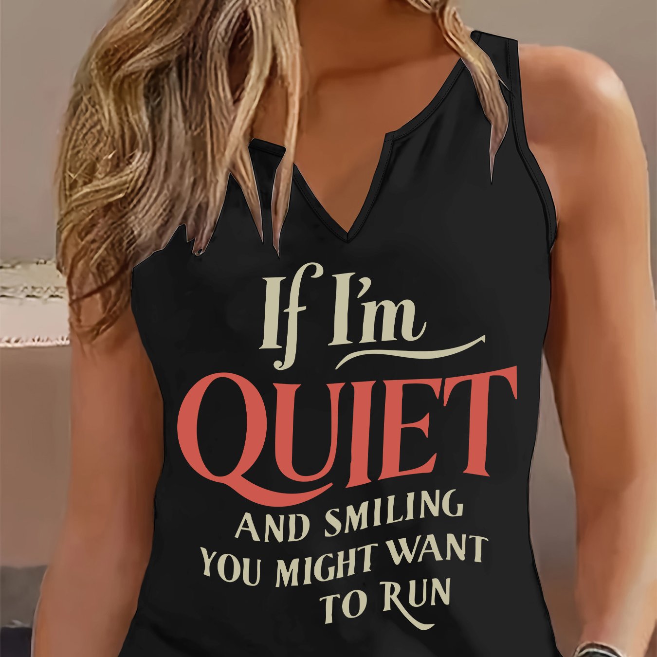 TEMU Women's Casual Summer Tank Top - "if I'm Quiet And Smiling, You Might Want " Graphic, V-neck, Breathable Sleeveless Top For Spring And Summer,