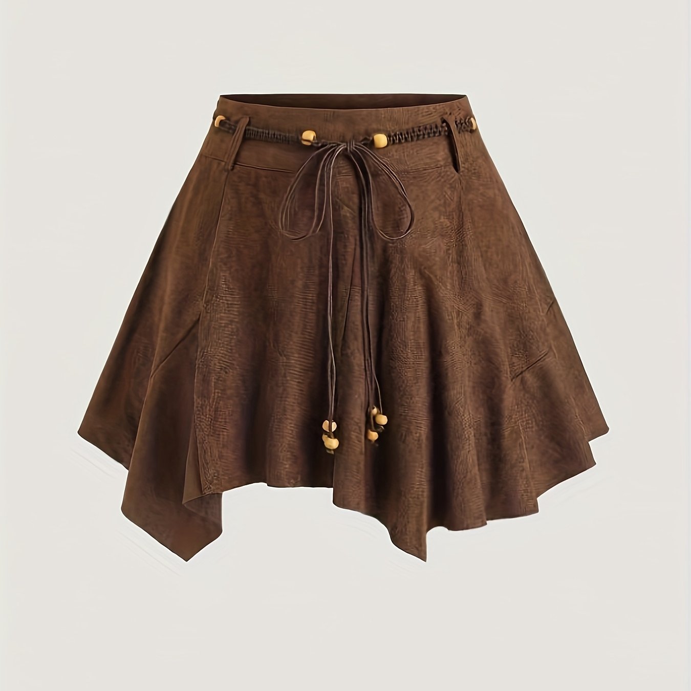 Women's Short Skirt With Waist Belt In Solid Color Suede