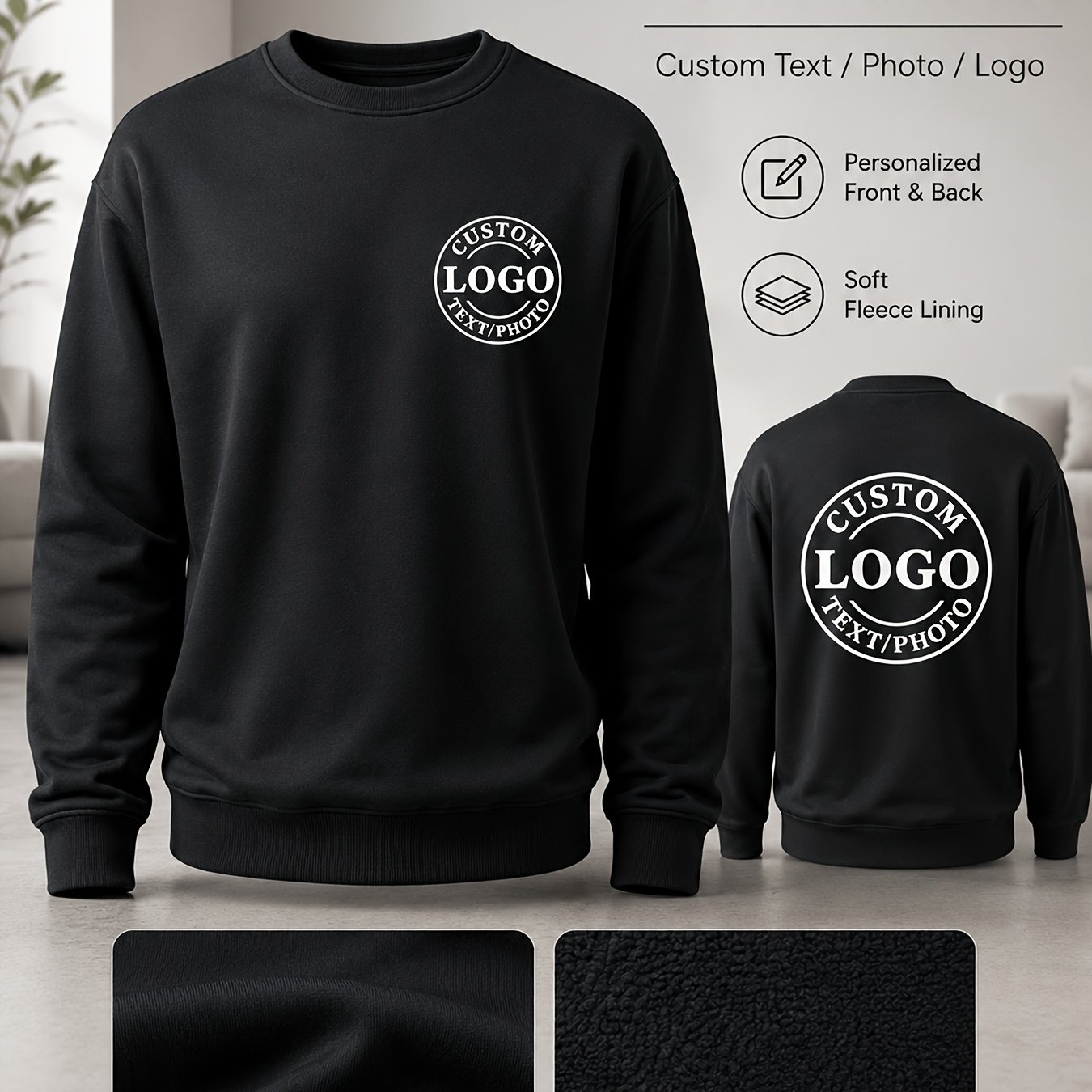 TEMU Personalized Custom Knit Lined Crewneck Sweatshirt, Custom Logo Photo Text Pullover, High Definition Print, Soft Warm Breathable Fabric,