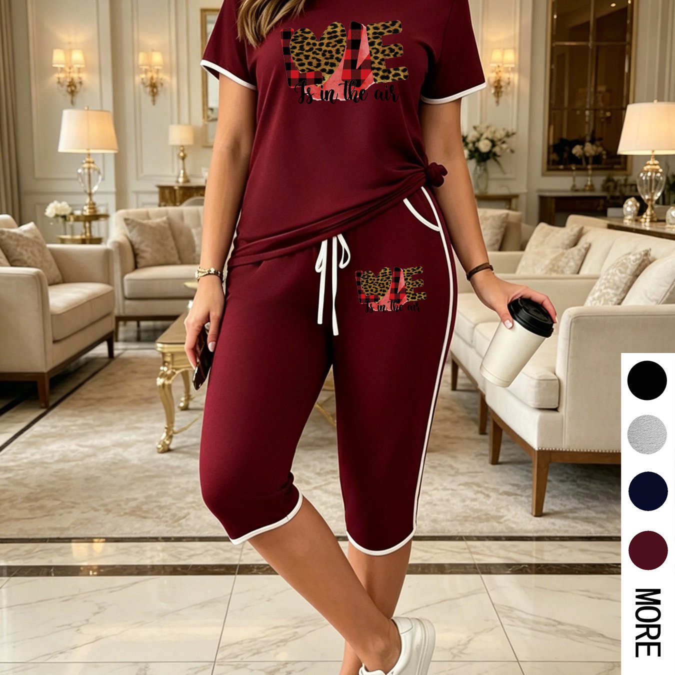 TEMU Plus Size, Casual Plus Size Women 2pcs Set, Summer Colorful Round Neck Short Sleeve Top + Binding Loose Capri Pants With Pockets, Daily