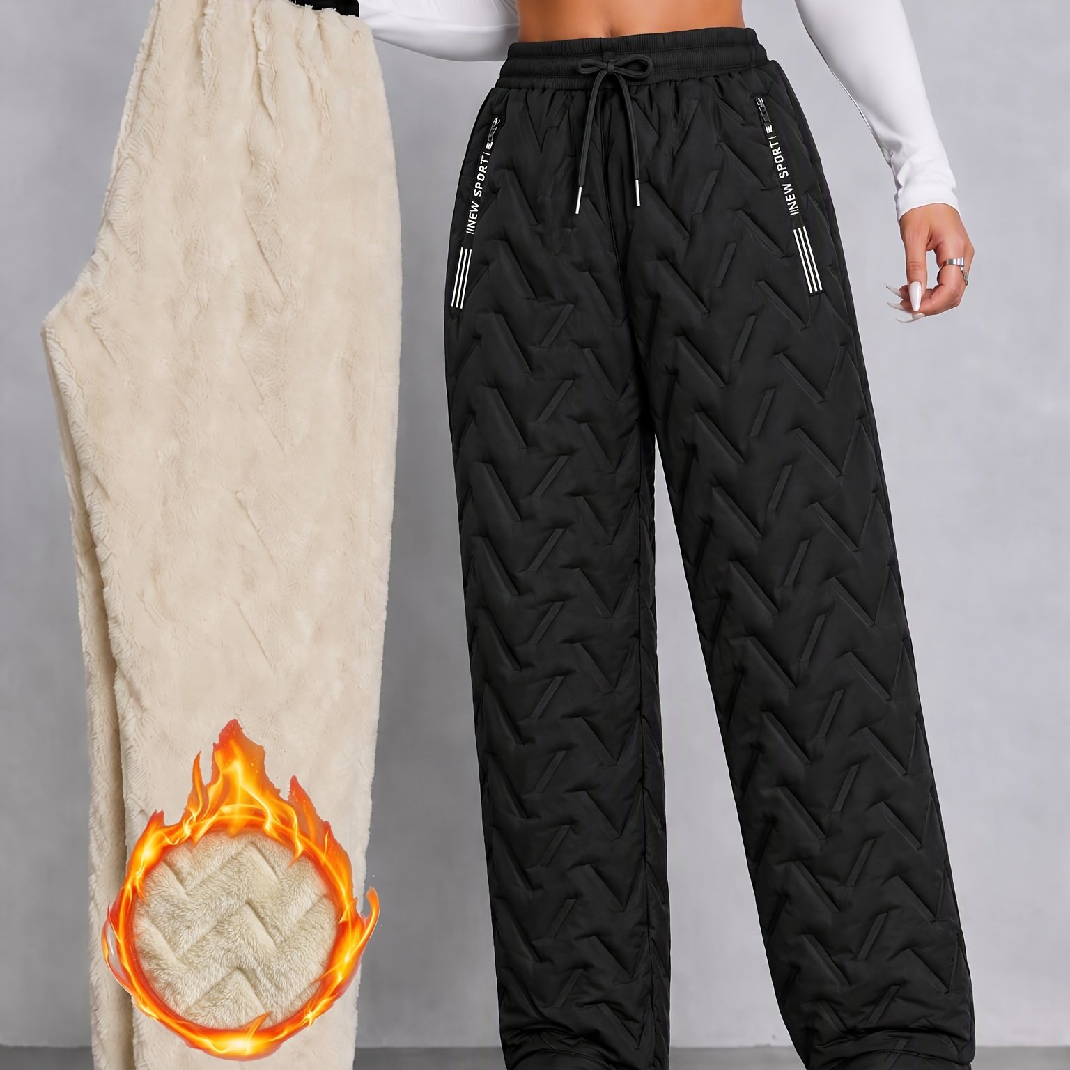 TEMU 1pc Winter Women's Lamb Fleece-lined Thickened Quilted Wide-leg Pants, Elastic Drawstring High-waist Straight-leg Thermal Trousers, Outdoor