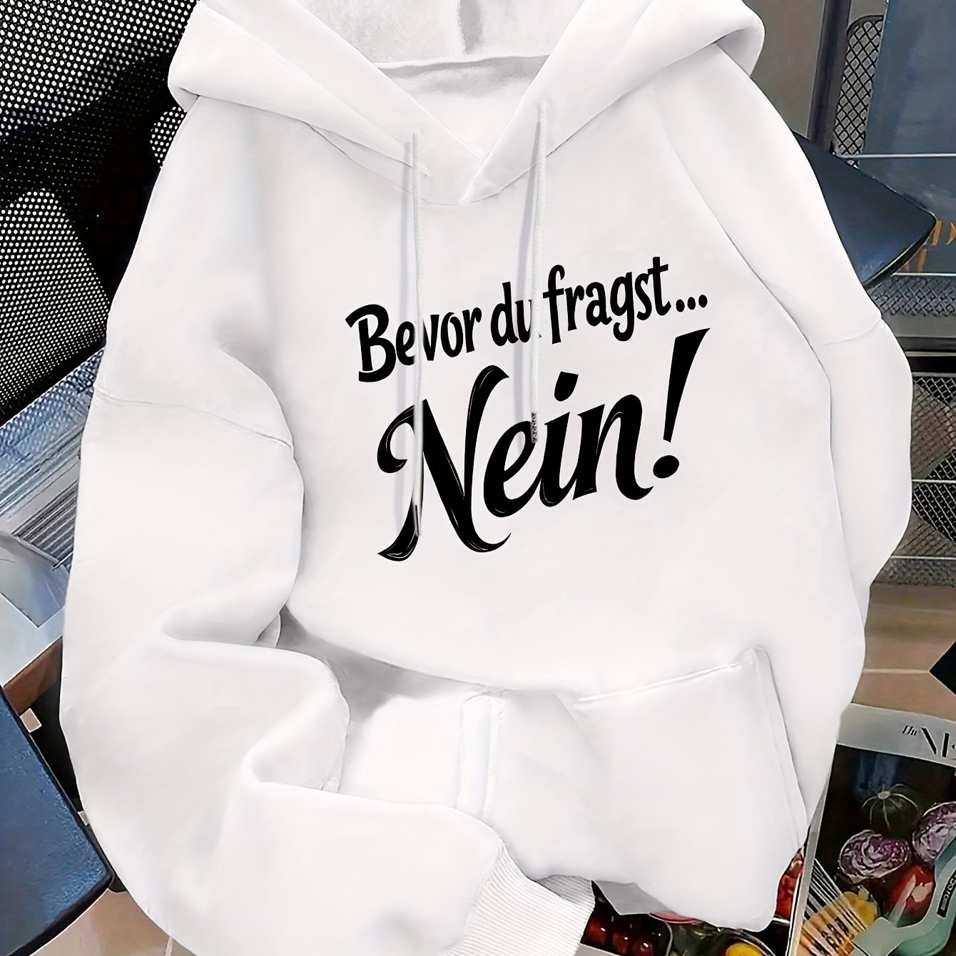 Women's Fashionable Hoodie With "bevor Du Fragst Nein" Letter Print On Front, Pouch Pocket On Back, Casual Sweatshirt For Winter And Autumn, Long Sleeve, Versatile And Suitable For Daily Casual Wear
