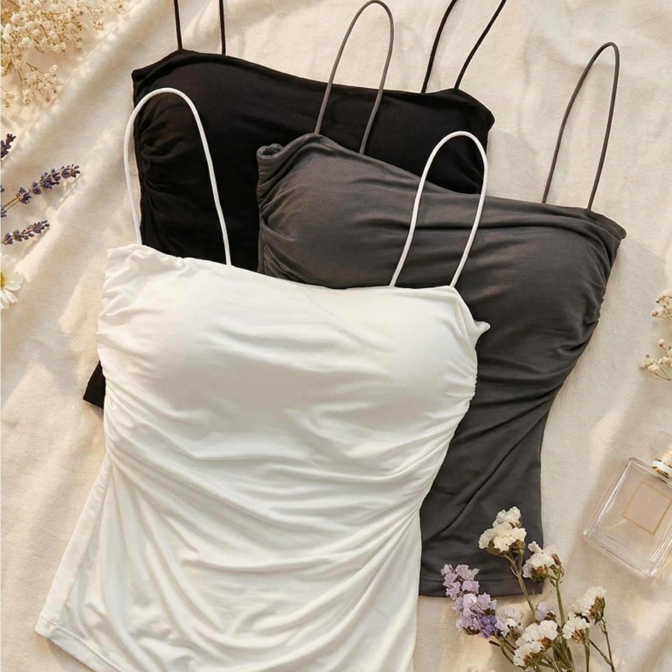TEMU 3pcs Set Of Women's Fashionable High-quality Textured Camisole Tanks, , With A Pleated Waist Design, For Casual Wear
