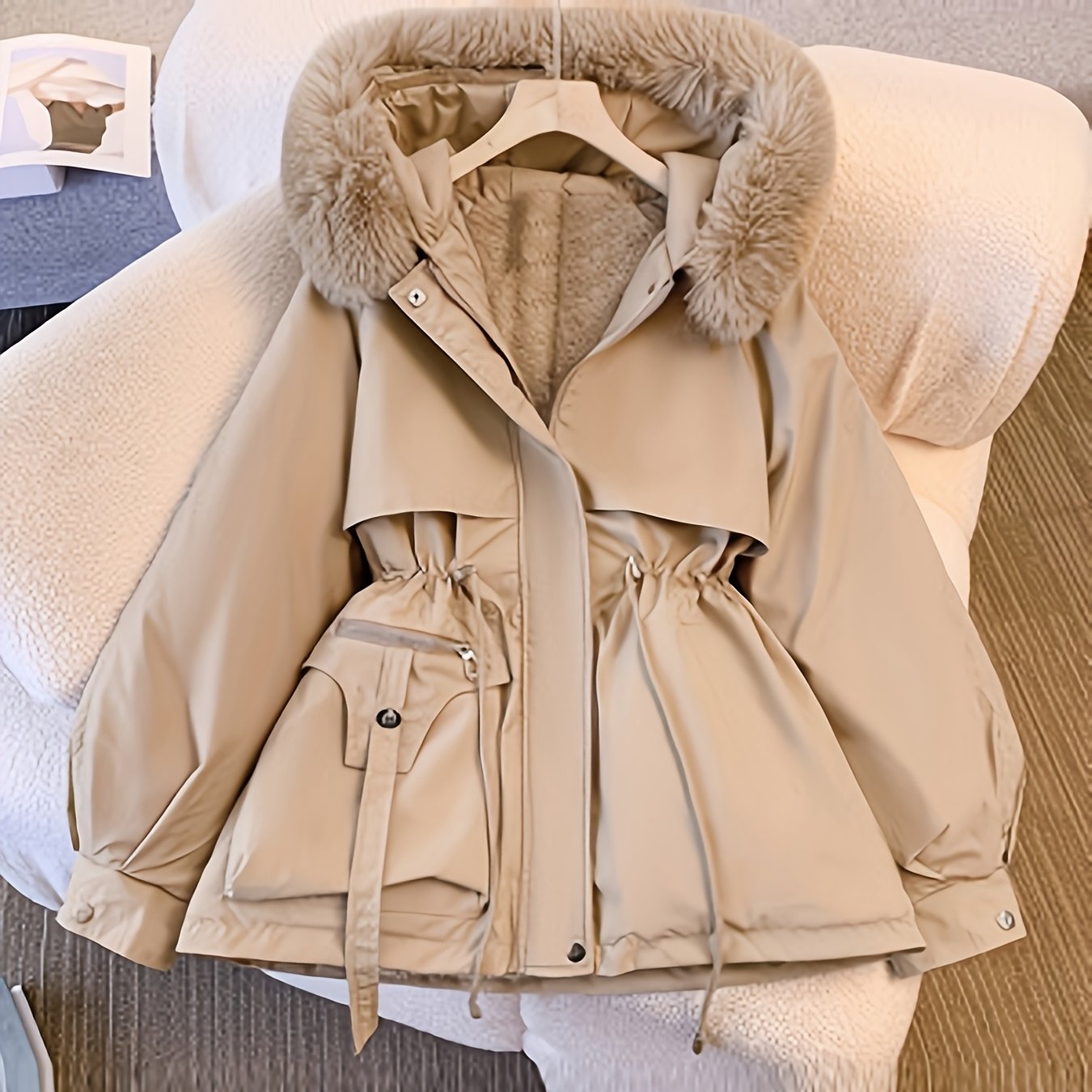 TEMU Winter New Thickened Parka With Belt Waist-cinching Hooded Thickened Fashion Autumn Winter Women's Coat Warm