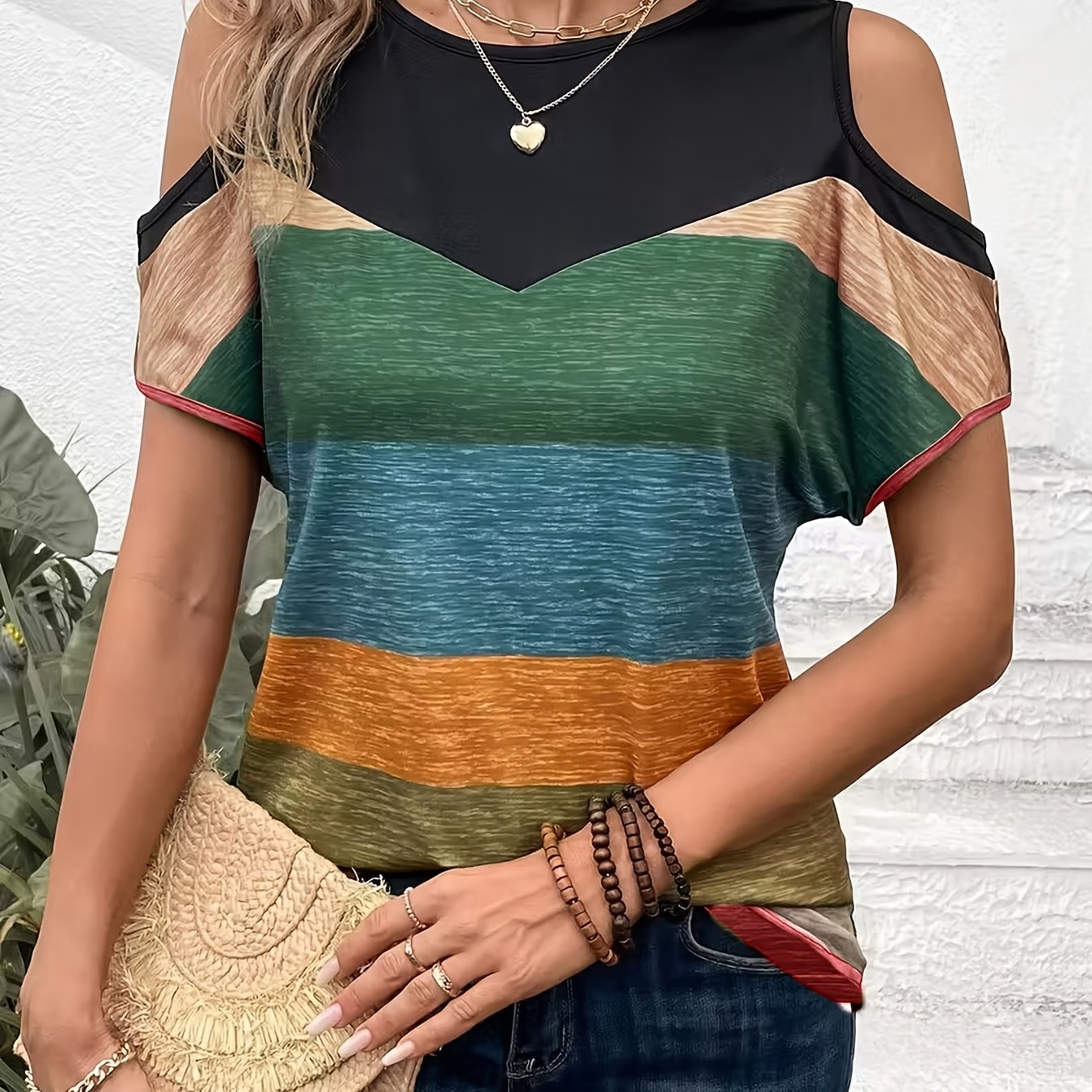 TEMU Women's Summer Short-sleeve Off-shoulder T-shirt, Versatile And Loose-fitting With A Round Neck, Featuring Colorful Stripes, Perfect For Casual