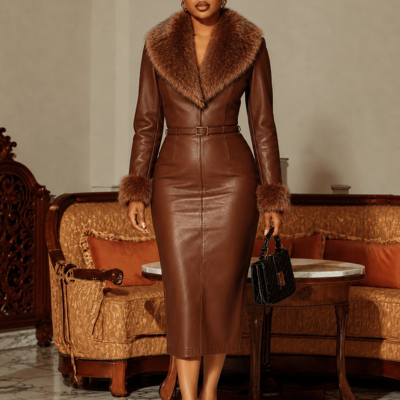 TEMU Women's Autumn/winter Dress - Featuring A Large Trimmed Collar, Long Sleeves, And A Waist-cinching Design; A Slim-fit, Midi-length For A