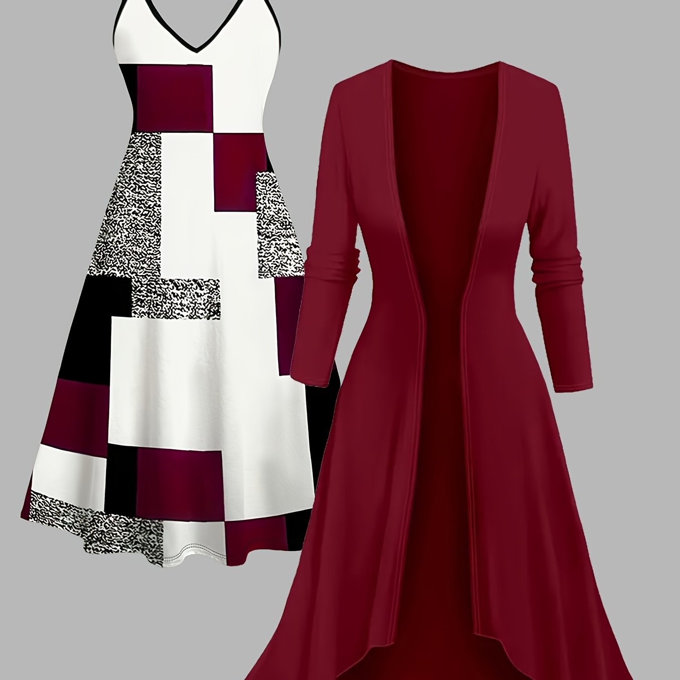 TEMU 2pcs Dress Set: Simple And Fashionable Printed Dress And Solid Color Long, Elegant 2pcs Set