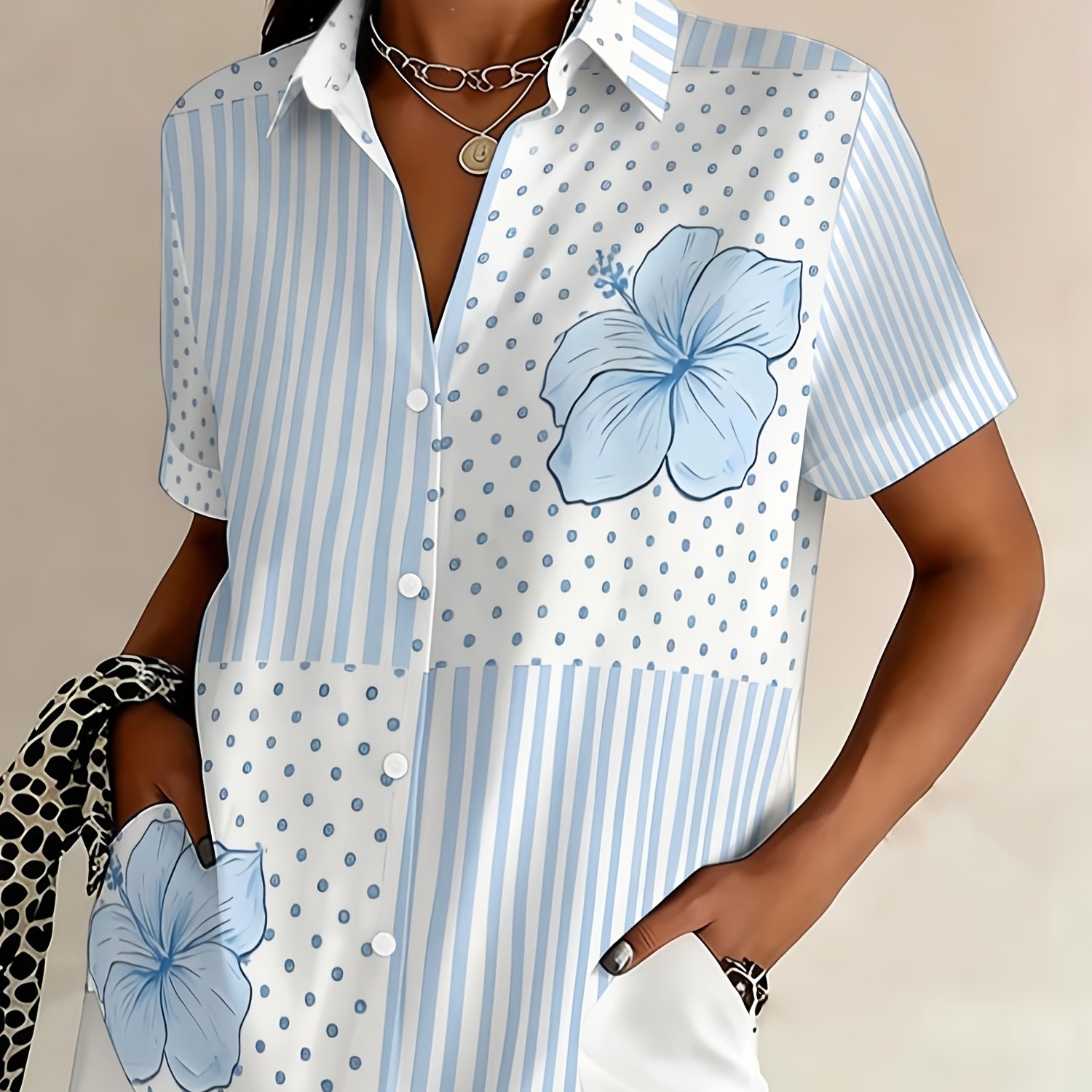 TEMU Women's Blue And White Striped And Polka Dot Hibiscus Short-sleeve Shirt, Fresh Light Blue Large Floral Lapel Blouse, Top