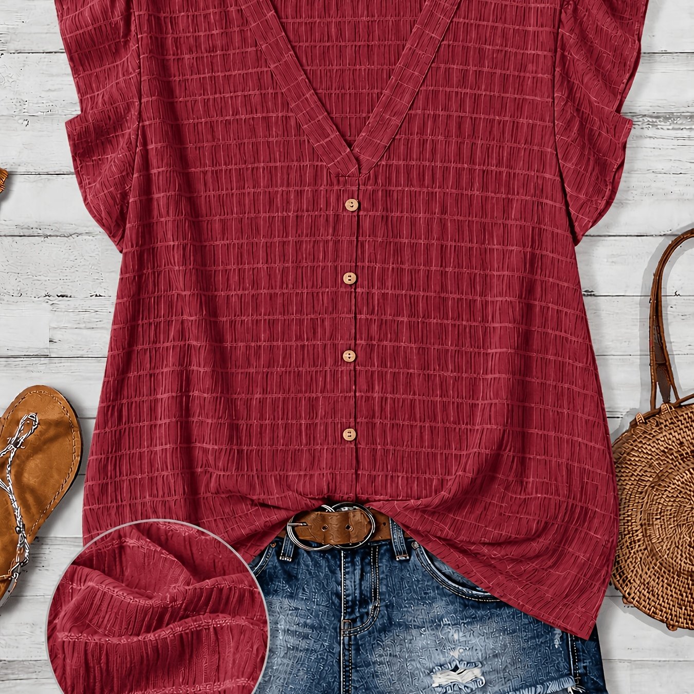 TEMU Spring/summer Women's Casual Elegant Covered Sleeve Loose Shirt, Spring/summer Solid Color Women's Casual V-neck Top, Women's Shirt For Home,