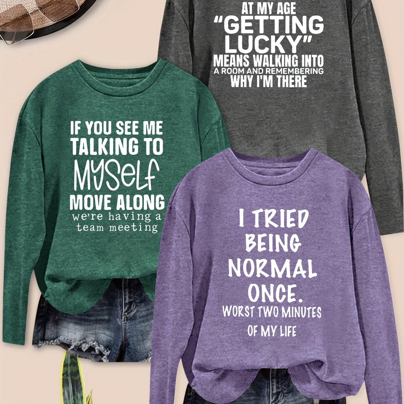 TEMU 3pcs Women's Vintage Humorous Text Print Long Sleeve T-shirts - Round Neck Casual & Office Wear, S-xxl Sizes (sister/family Matching Set) -