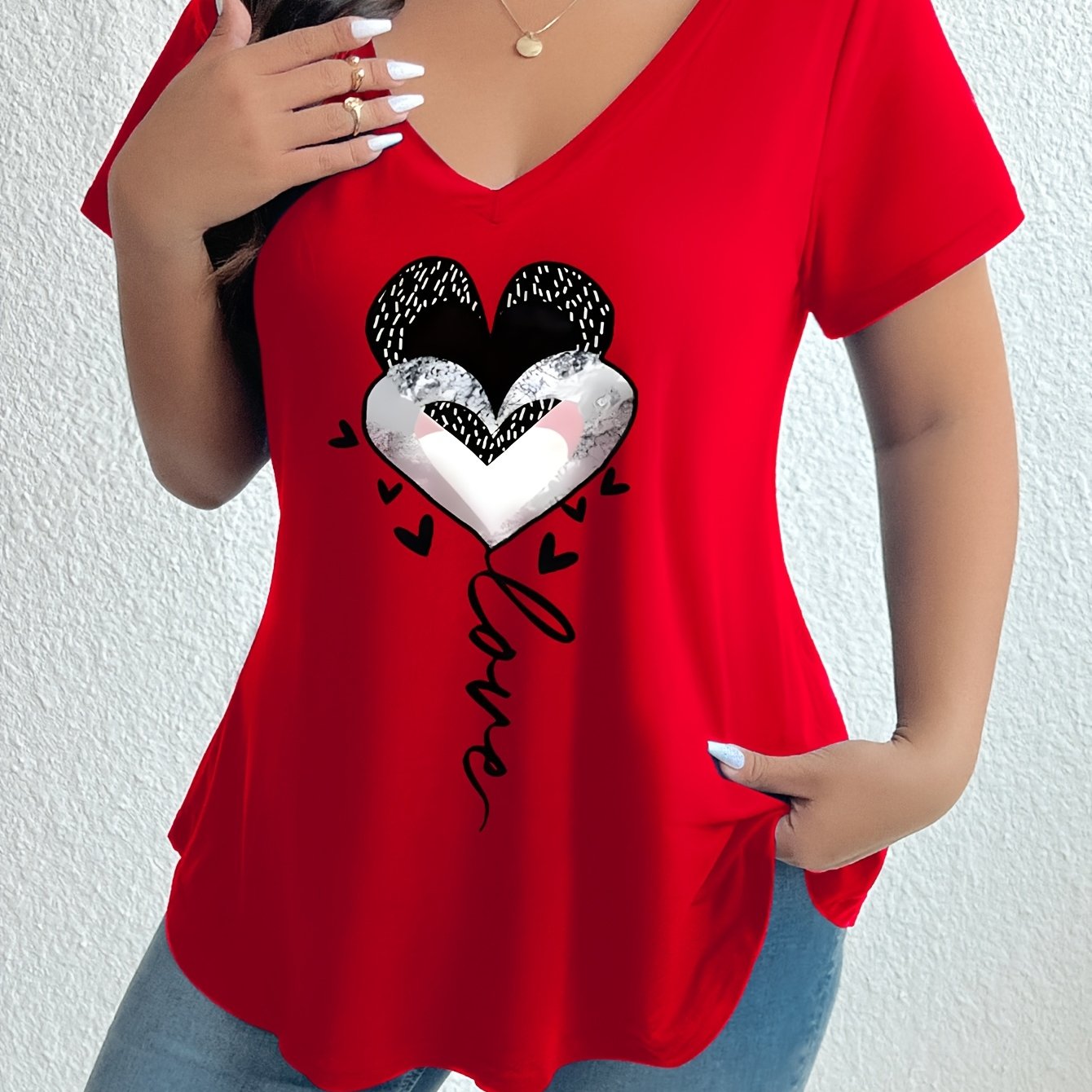 TEMU Plus Size, New Plus Size Printed Short Sleeve T-shirt Women's Casual V-neck Loose Comfortable Versatile Top