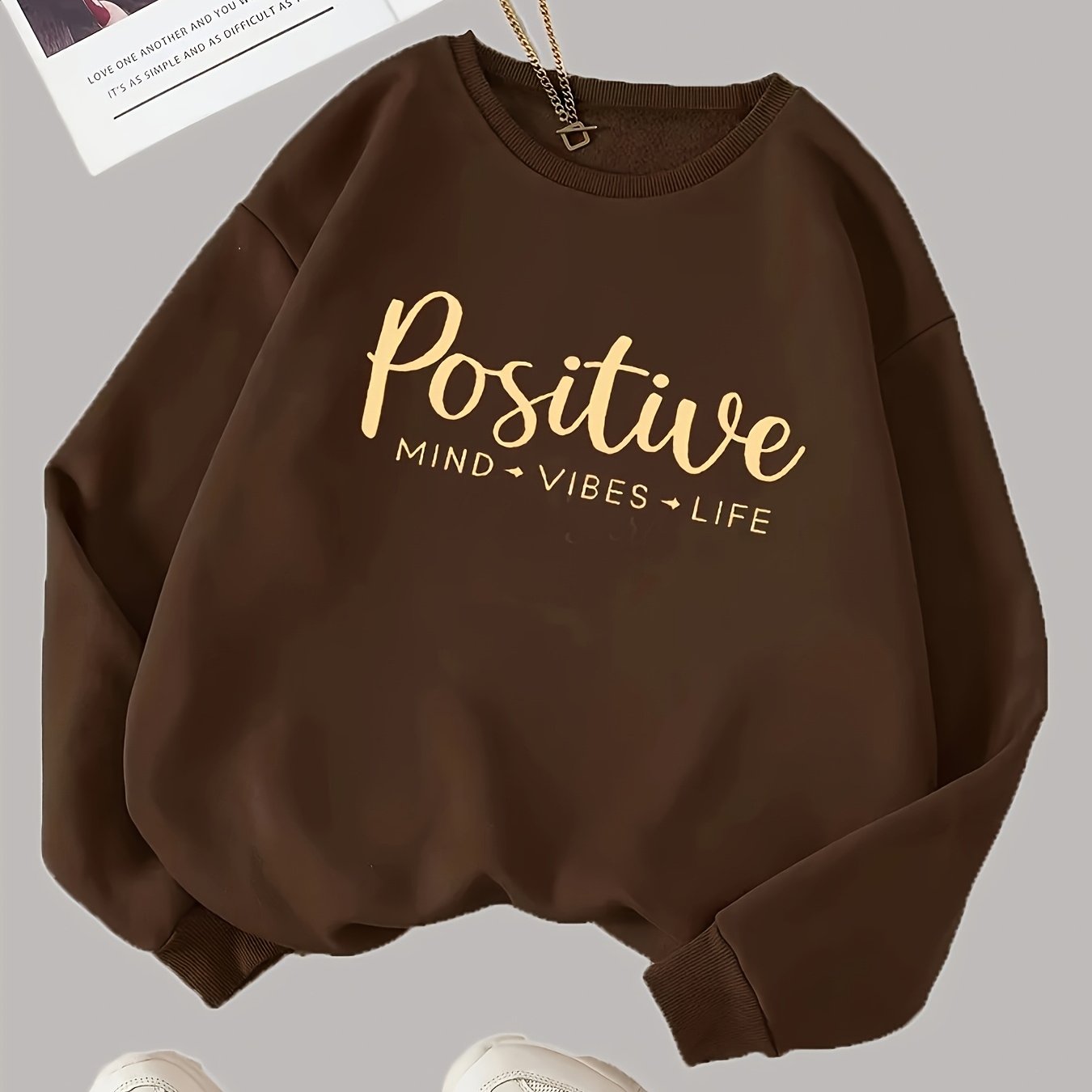 TEMU Letter Print Round Neck Sweatshirt Women's Fleece-lined Pullover Sweater Fall Winter Loose Versatile Casual Athletic Long Sleeve Top Trendy