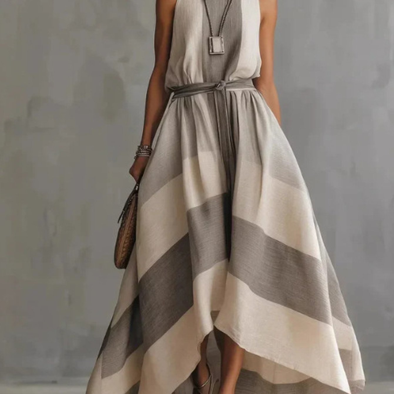 Women's Sleeveless Printed Linen Tie-waist Maxi Dress, Loose Flowy Asymmetrical Hem Casual Boho Dress