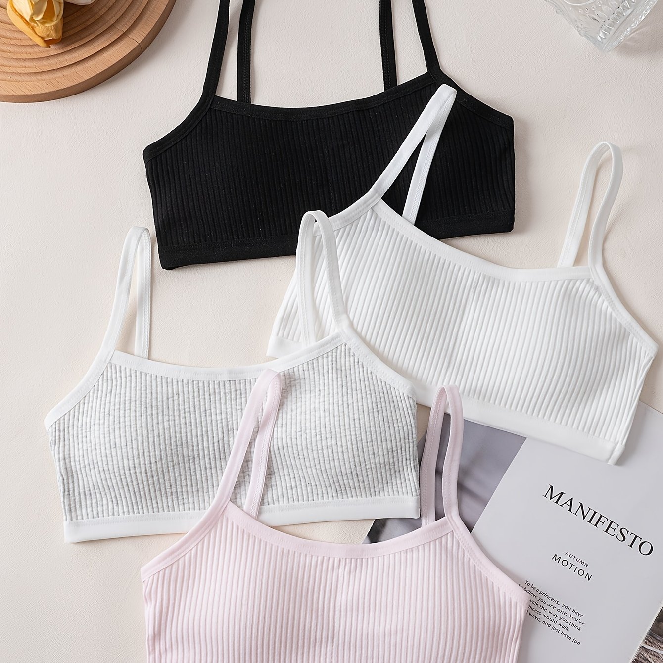 4pcs Set Of Girls' Training Bras, Ribbed Underwear, Comfortable And Skin-friendly, Removable Padding, Wireless For Developing Girls, Student Underwear, Suitable 7-14