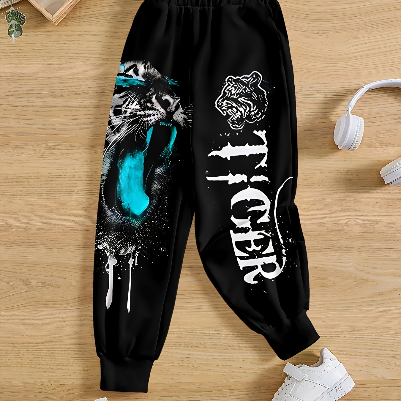 Image of Fashionable 3d Printed Boys' Pants, Trendy Casual Cool Tiger And Letter Patterns, Boys' Outdoor Casual Wear, Casual Trousers, Sports Pants, For Outdoor