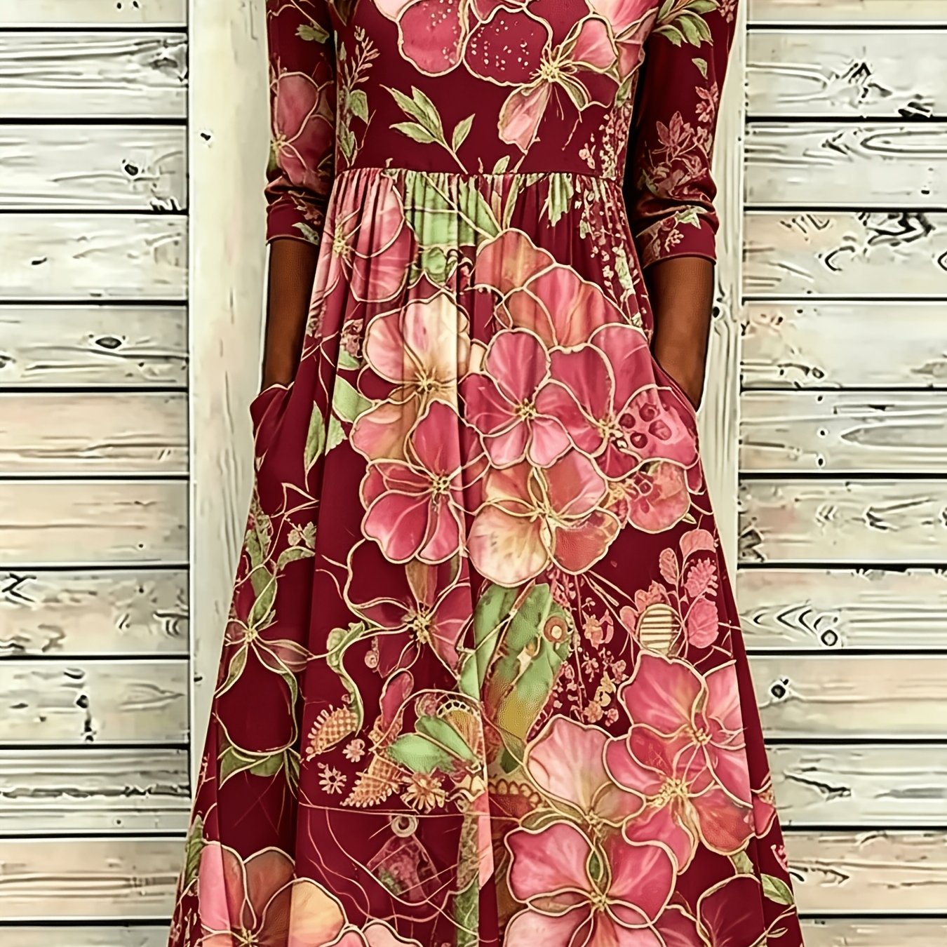 Image of Plus Size, New Arrival Vintage Casual Women Round Neck 3 Quarter Sleeve Midi Dress, Large Floral Allover Print On Pink Base, High Waist Gathered Swing Skirt Daily Holiday Outfits