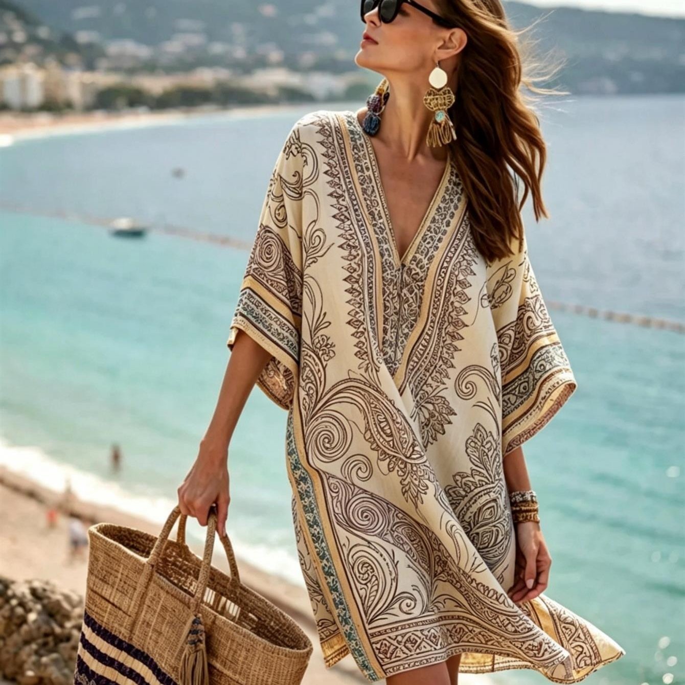 Image of Plus Size, Plus Size Women's Ivory Line Art Paisley Print Kaftan Dress, Hand Drawn Vine Border Tunic For Coastal Luxe Styling