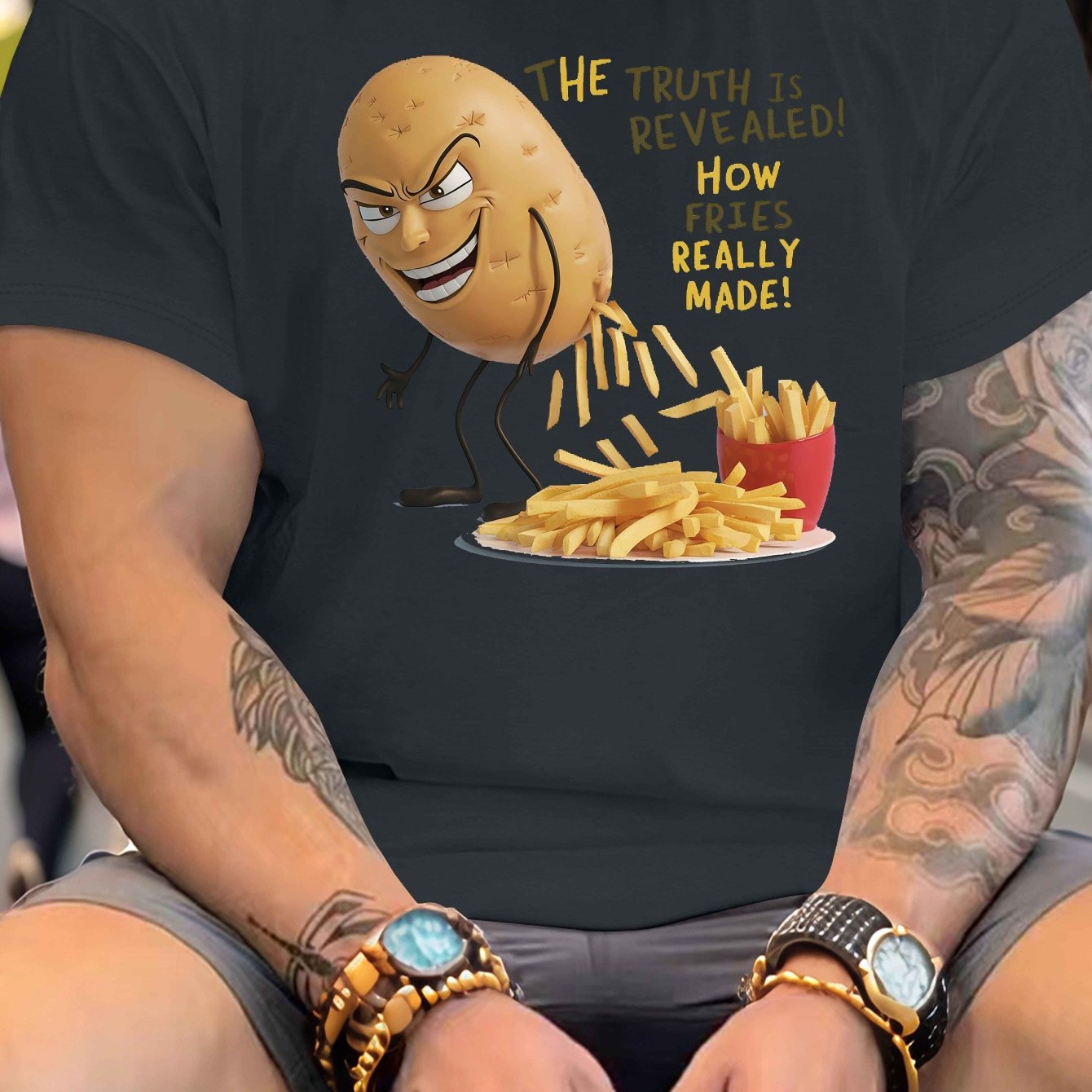 TEMU 1pc Plus Size Men's Casual T-shirt, Summer Knitted Polyester T-shirt With Geometric Potato And Fries Pattern Print, Round Neck Short Sleeve For