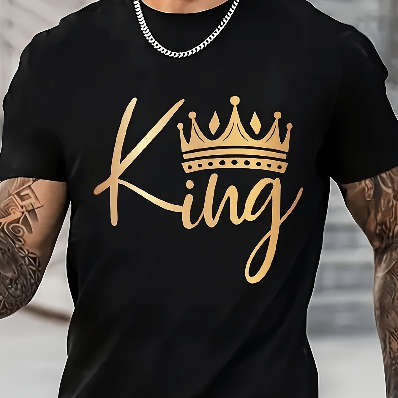 TEMU Men' Crown Print T-shirt, 100 Neck Short Sleeve Tee, Casual Knit Fabric Top For Daily Vacation Wear Printed Shirts Loose Fit Short Sleeve