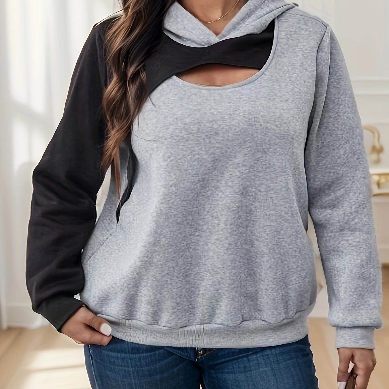 Plus Size, Block Loose Pullover Long Sleeve Hooded Sweatshirt