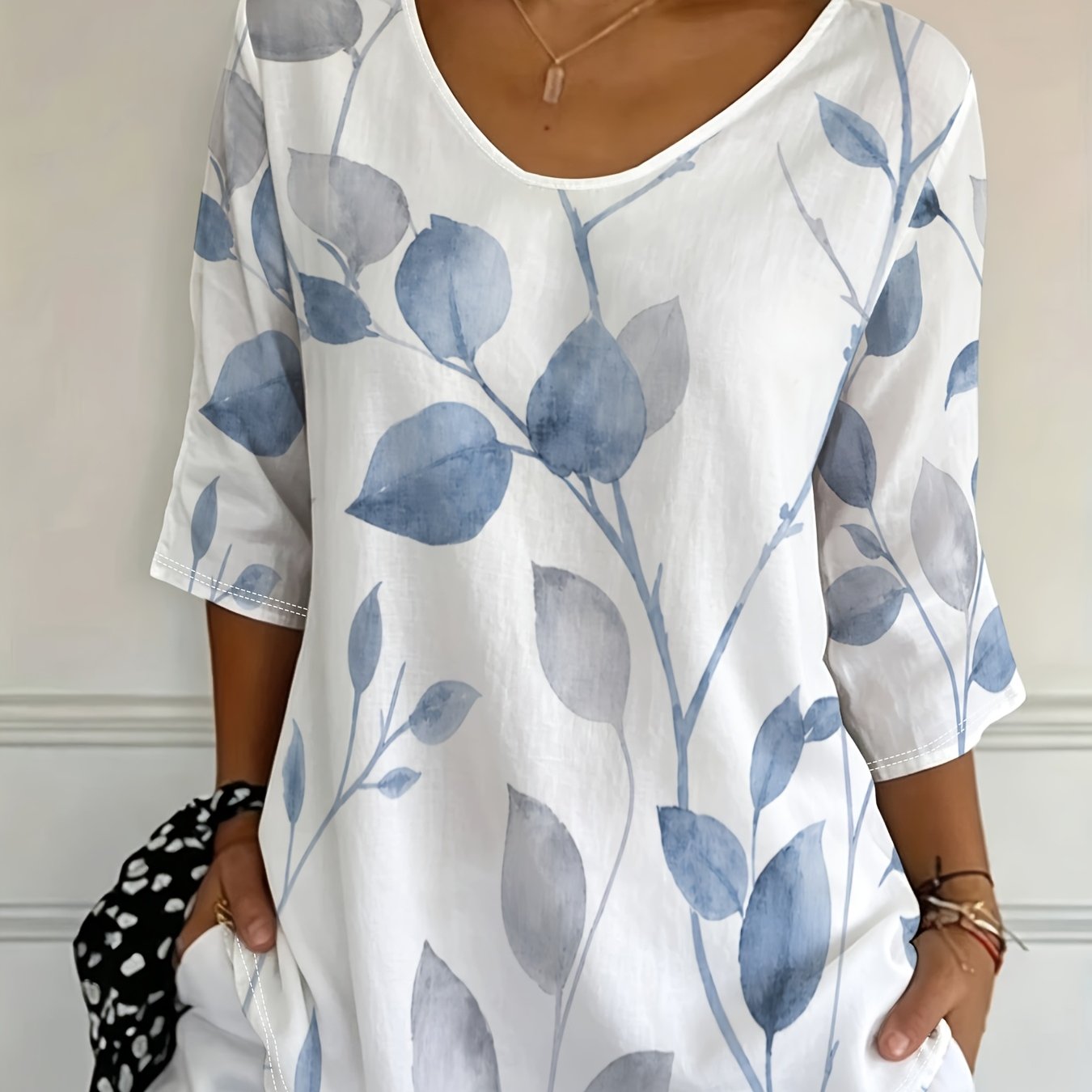 TEMU Plus Size - [printed Design - Not Texture] Women's Floral -quarter Sleeve T-shirt, Fashionable And Casual