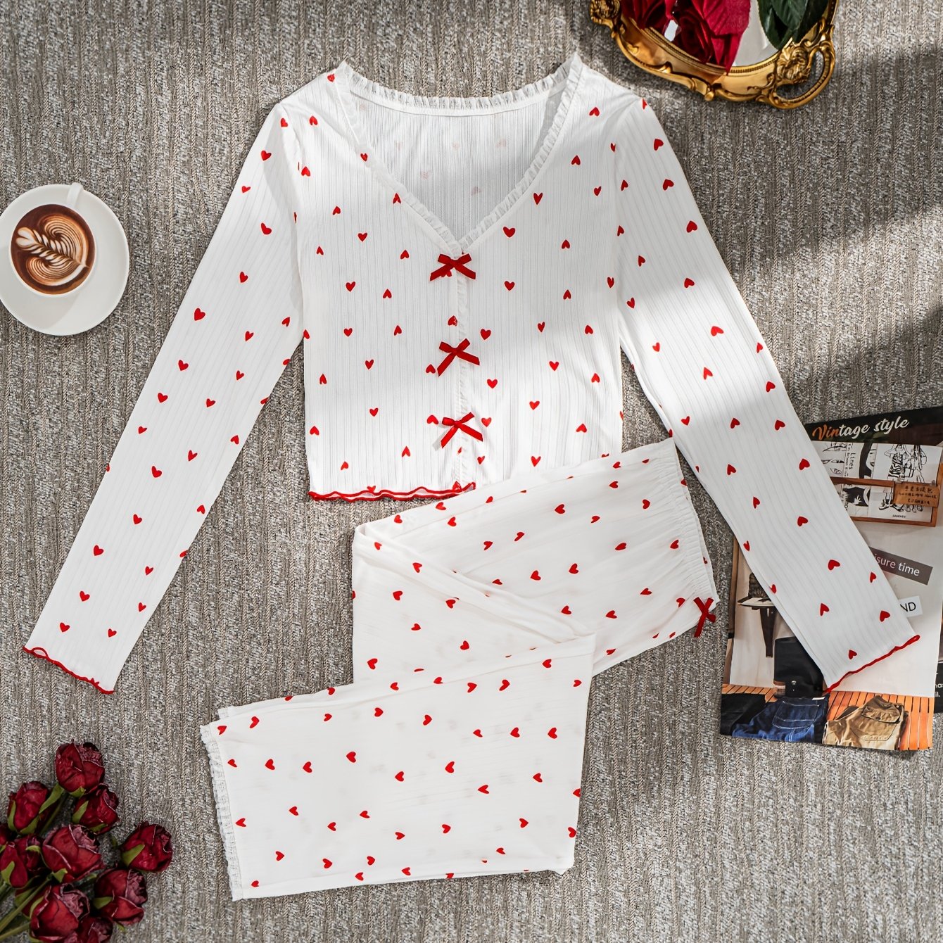 TEMU Love Print Decorative Bow Comfortable Casual Pajama Set