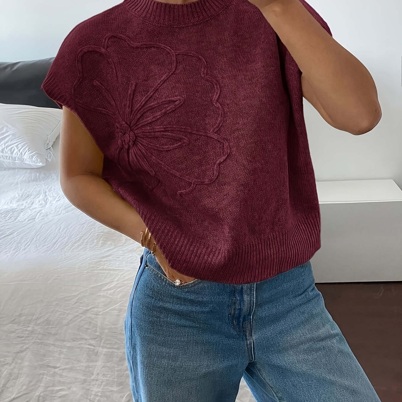 TEMU Dp021399 New Vest Top, Elegant Casual Floral Sweater, Soft And Pilling-resistant