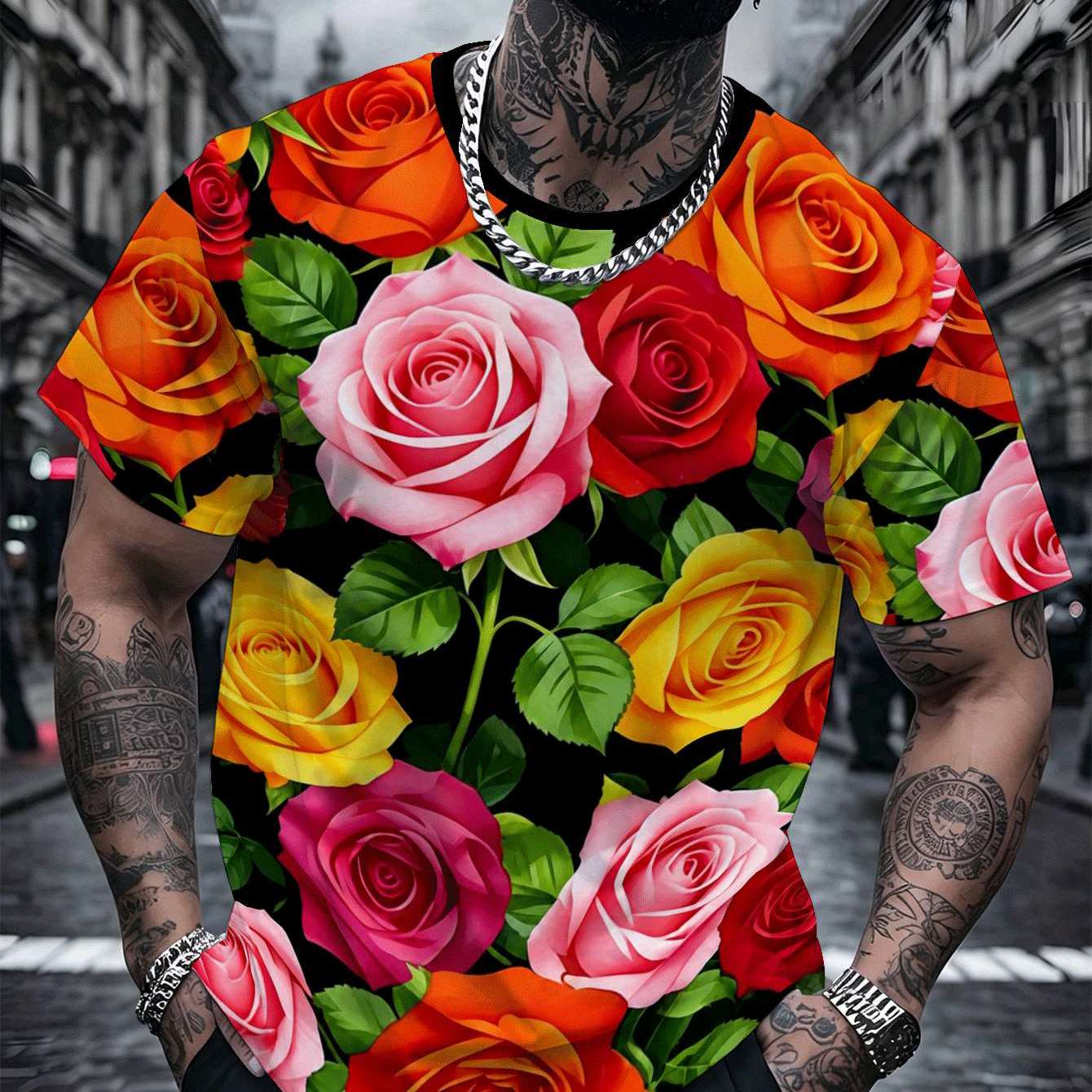 TEMU [print Design Not Textured] New Plus Size Men's Casual Sports T-shirt, Romantic Rose Pattern Print, , Fashionable Casual Top, Suitable For Daily