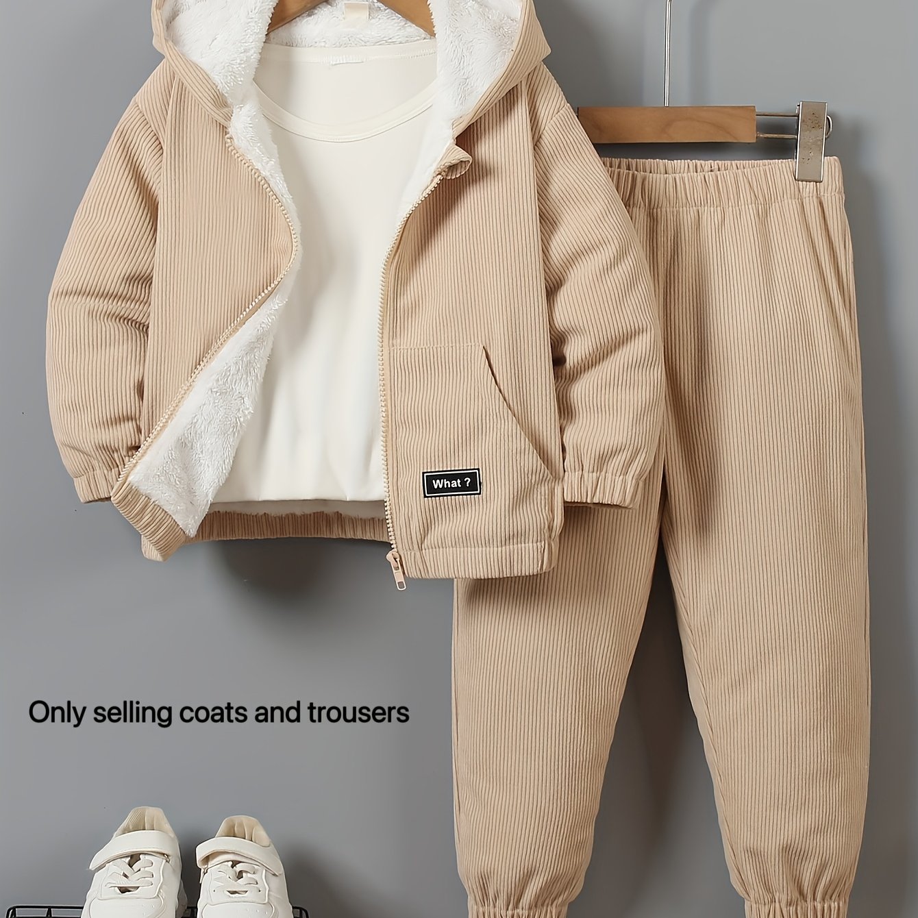 Corduroy Fleece-lined Hooded Long-sleeved Jacket + Corduroy Non-fleece-lined Long Pants Set, For Outdoor