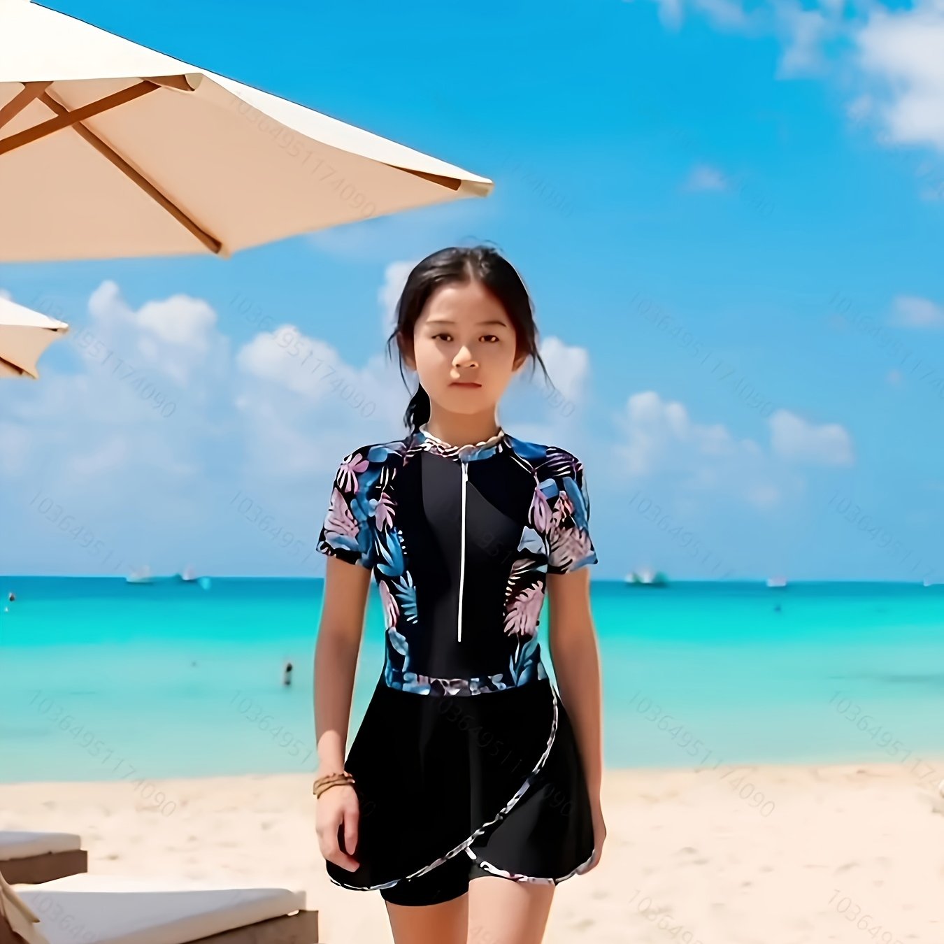 Image of Two-piece Girls' Fashion Zipper One-piece Swimsuit With Skirt, New Summer Style For Medium And Large Children Aged 8-12, Little Girls' One-piece Bikini Casual Outdoor Water Play Swimsuit