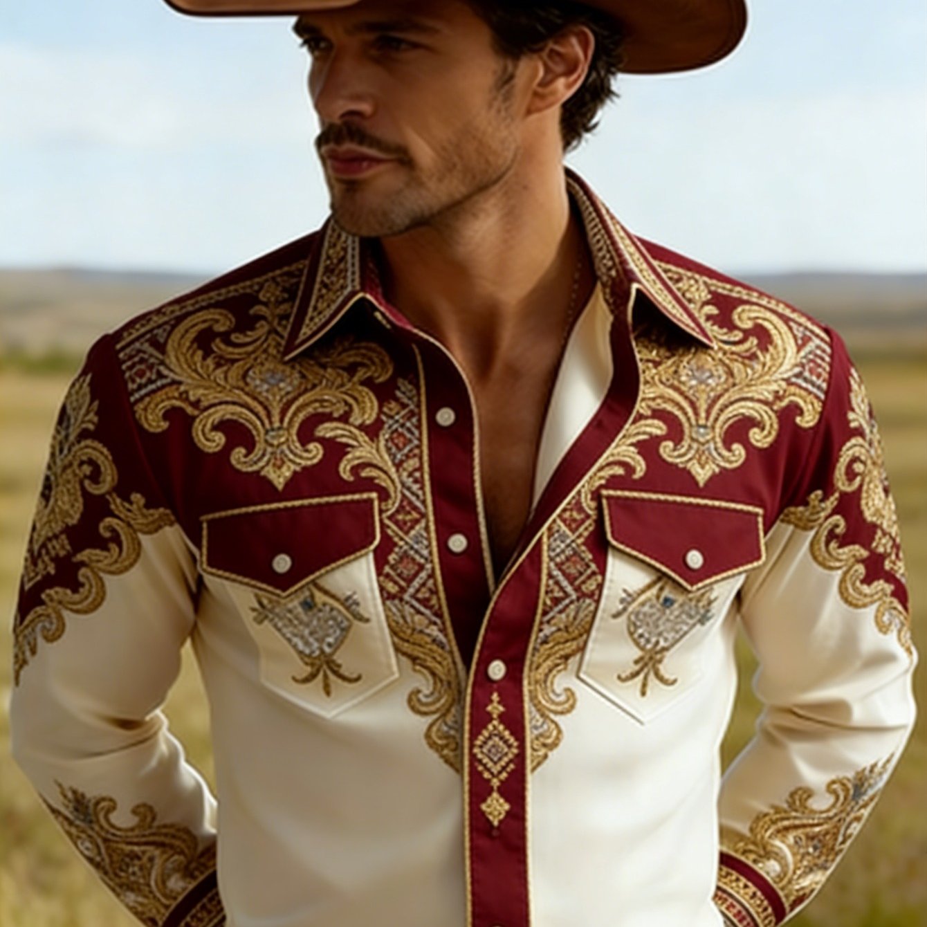 Men's Long-sleeve Printed Shirt, Men'-pocket Shirt, Street Style And , Turn- Collar, Long Sleeves, Comfortable And Casual