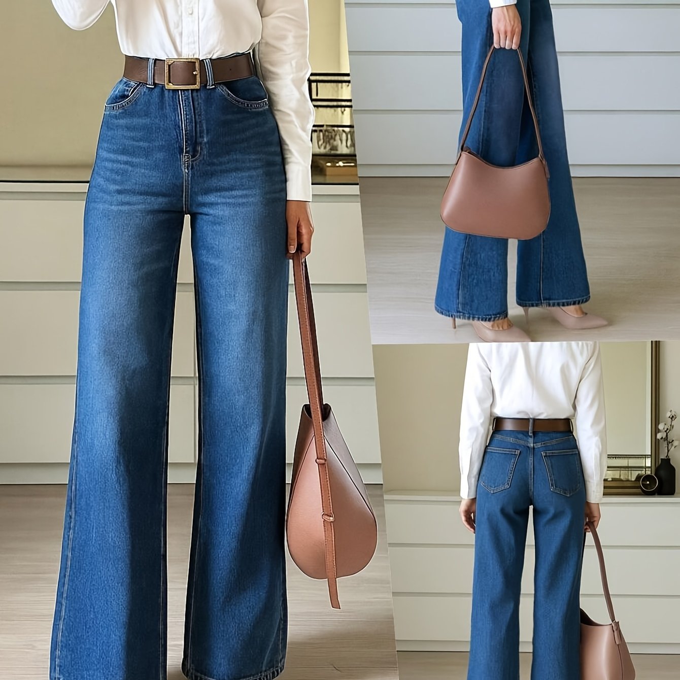 Image of Everyday Fashionable And Elegant Style Wide-leg Jeans, Easy And Stylish Four-season Style, Style Blue Denim Wide-leg Jeans, Classic Denim Blue Women's Denim Trousers