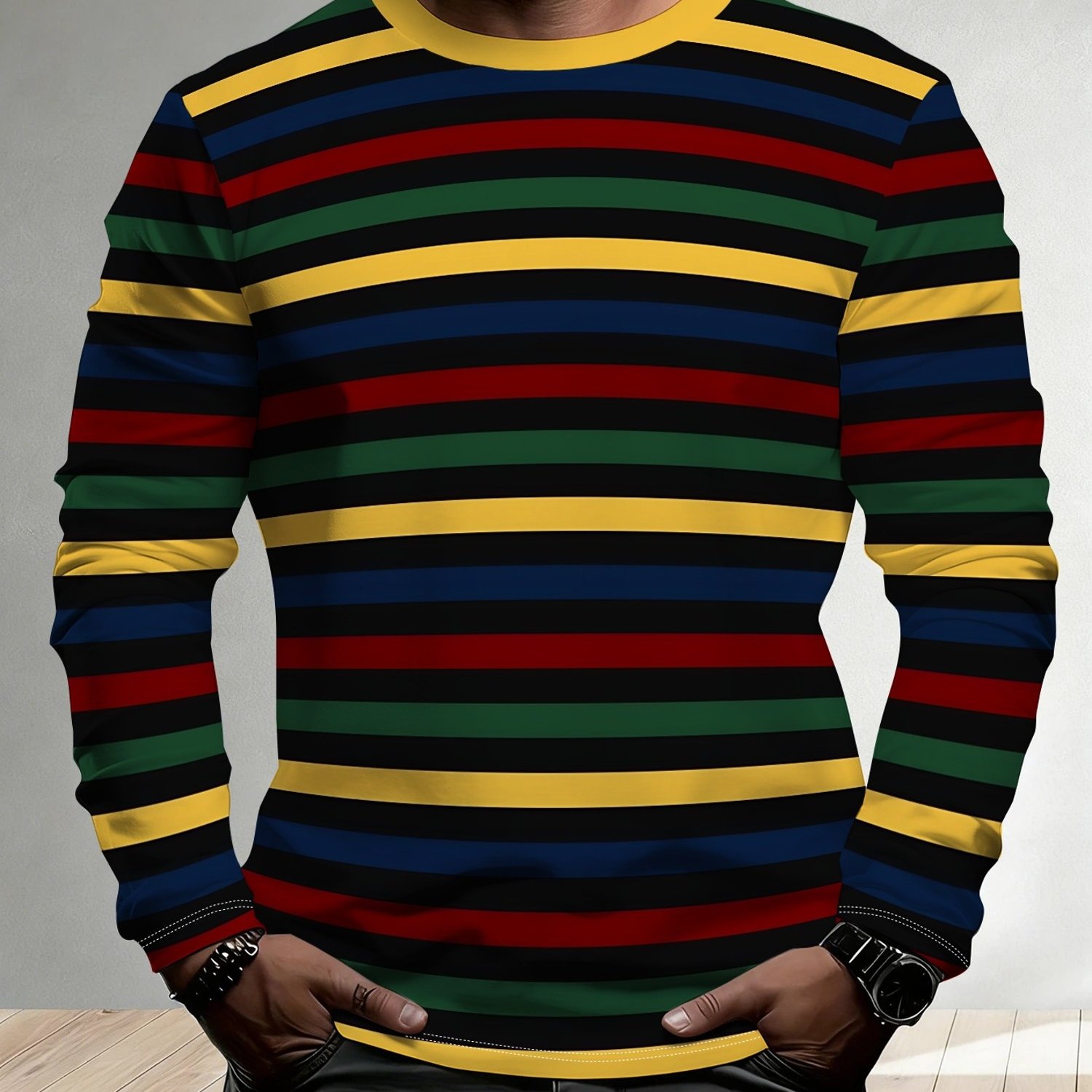 TEMU [print Design - Not Textured//sequins/flat Printing, No Additions/white Sheer] Men's Retro Red Navy Thick Horizontal Stripe Long Sleeve T-shirt