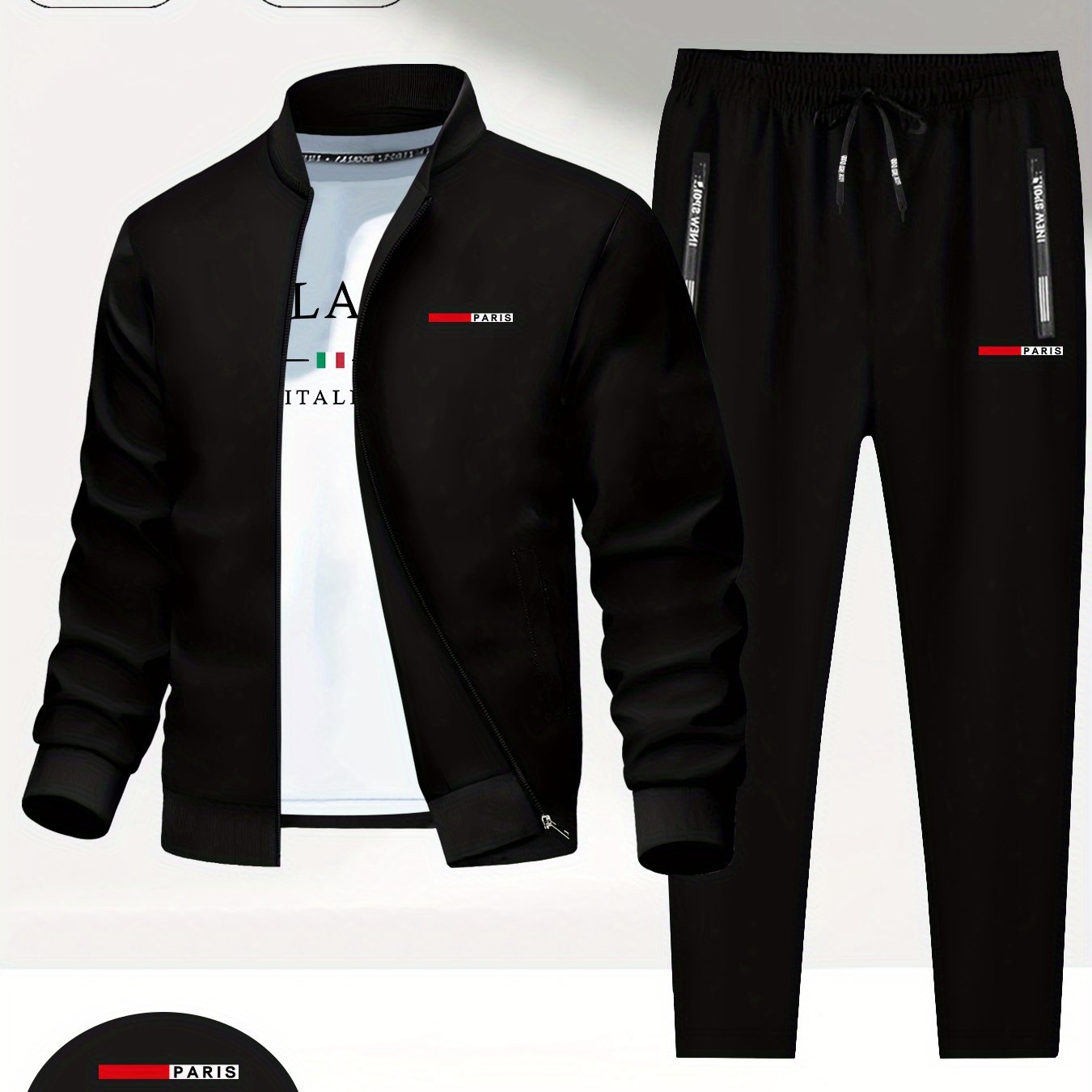 TEMU Stripe Print, Casual Men's Set For Spring/autumn - Simple Two-piece Round Neck Jacket And Pants Outfit, Trendy Everyday Sportswear
