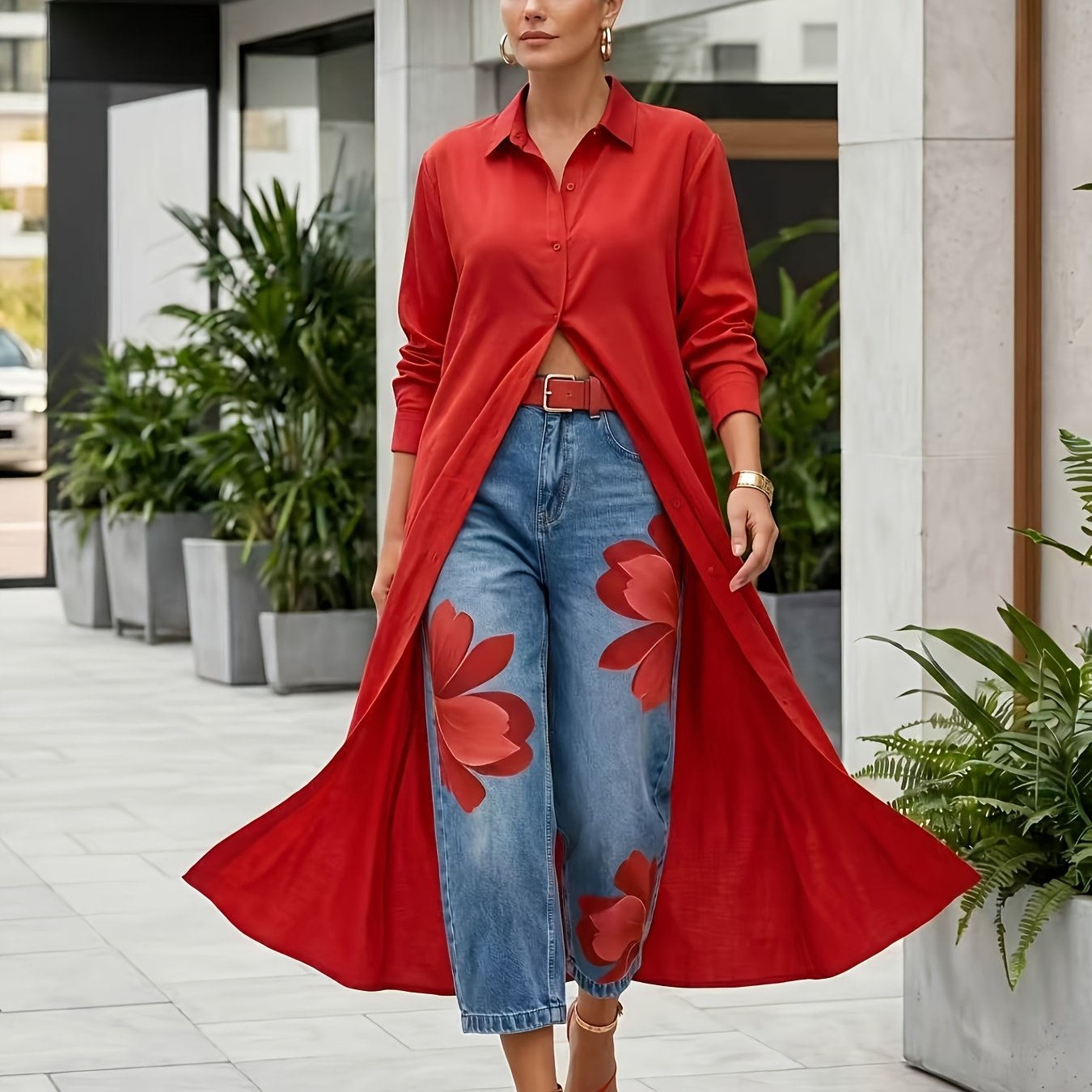 TEMU New Arrival Women's Retro Washed Blue High-waisted Jeans With Big Red Floral Print. Loose Cropped Carrot Jogger , Artistic Floral Painted