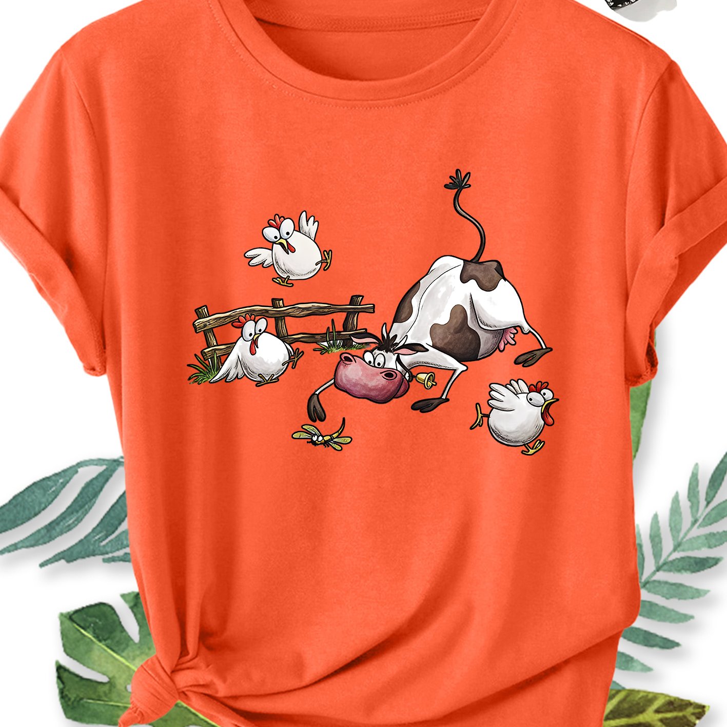 TEMU Elegant Plus-size Women's Short-sleeve T-shirt Gift, Featuring A Fun Cartoon Print Of Farm Cows, Chicks, Wooden Fences, And Dragonflies. Round