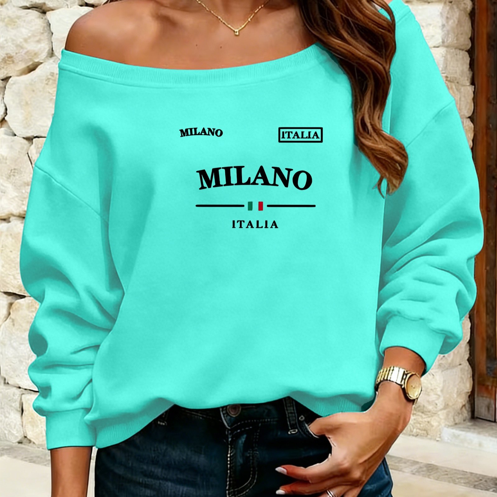 TEMU Suitable For Mother's Day And Valentine's Day, Y2k, Fashionable Trendy, , Women's Fleece Off-shoulder Wide Neck Sweatshirt, More Fashionable