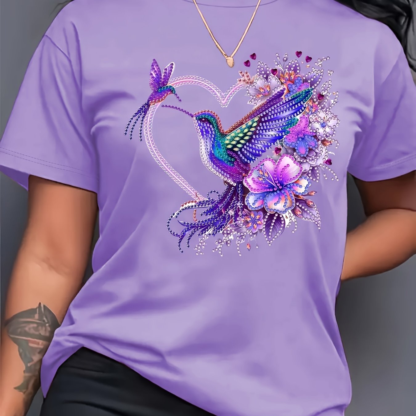 TEMU Plus Size - [printed Design-not Textured] Women's Casual Short Sleeve Round Neck T-shirt, Vibrant Hummingbird Floral, Breathable And Machine