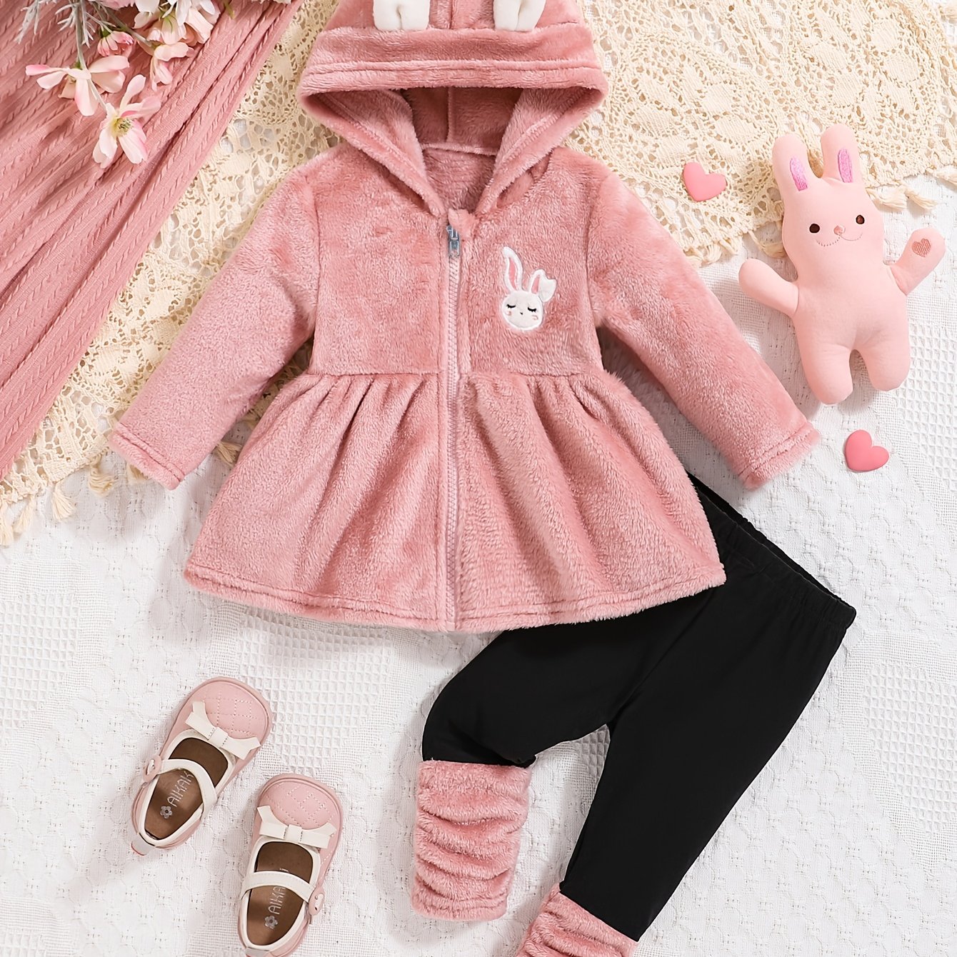 Image of 2pcs Set, Girls' Fleece-lined Set, Girls' Rabbit Embroidery Zipper Hooded Jacket And Plush Long Pants, Autumn/winter Clothing, Warm And Fashionable Outfit, For Outdoor, Christmas, Halloween