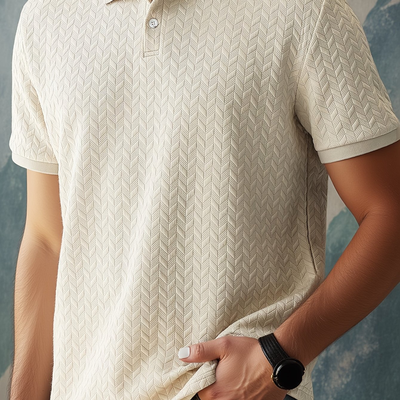 Men's Casual Solid Color Shirt With Lapel Collar, Short Sleeve Knit Fabric, 97% Polyester 3% Spandex, Stretch, Regular Fit, Summer Wear - 280gsm